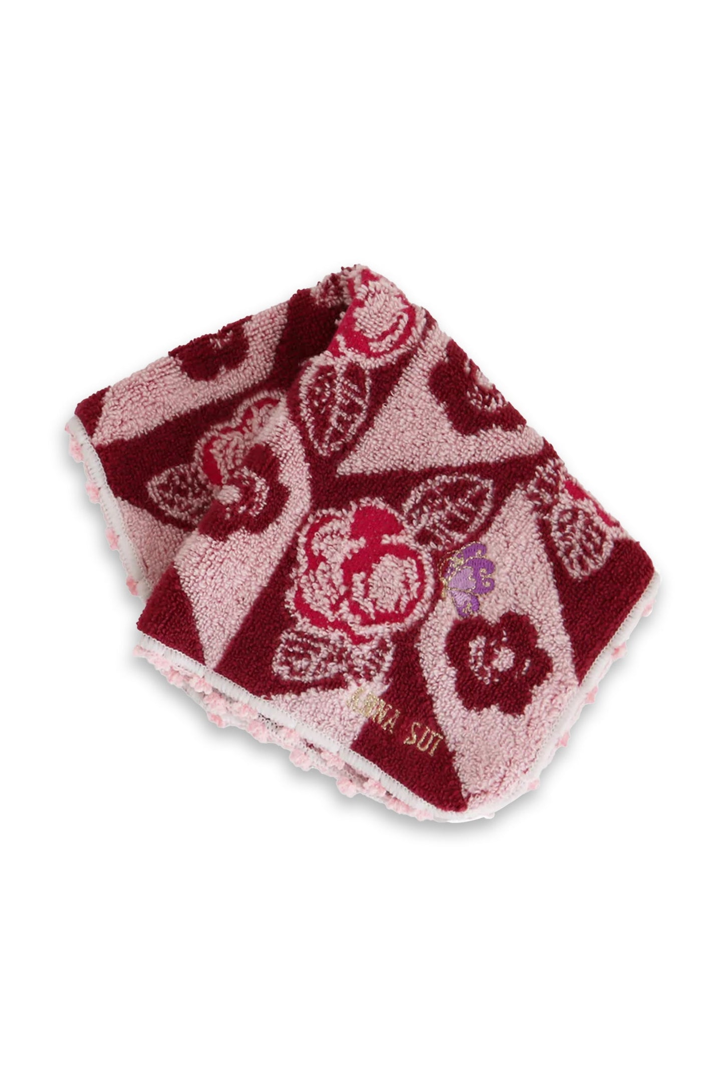 Zig Zag Roses Washcloth, alternate burgundy/red, Anna Sui label on the edge, purple butterfly above it