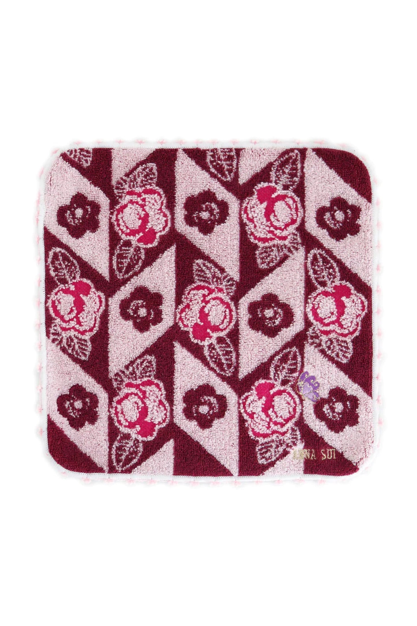 Washcloth, floral design, alternate burgundy/red Anna Sui label on edge, purple butterfly, black hems