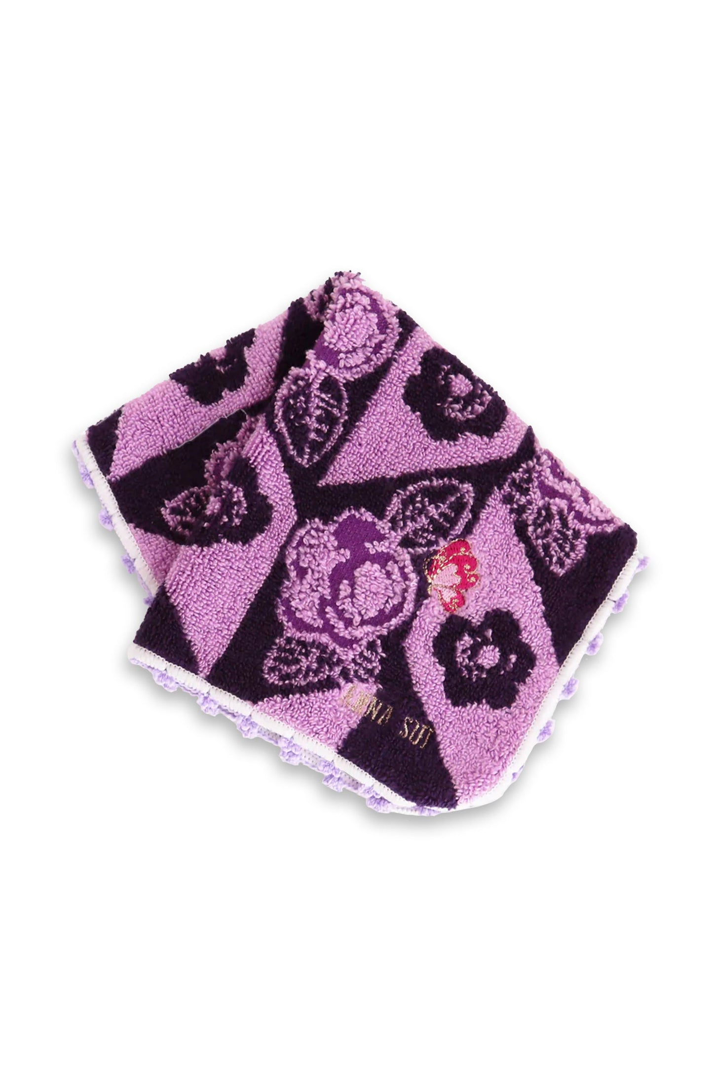 Roses Washcloth, alternate purple/black, golden Anna Sui label on edge, orange butterfly above