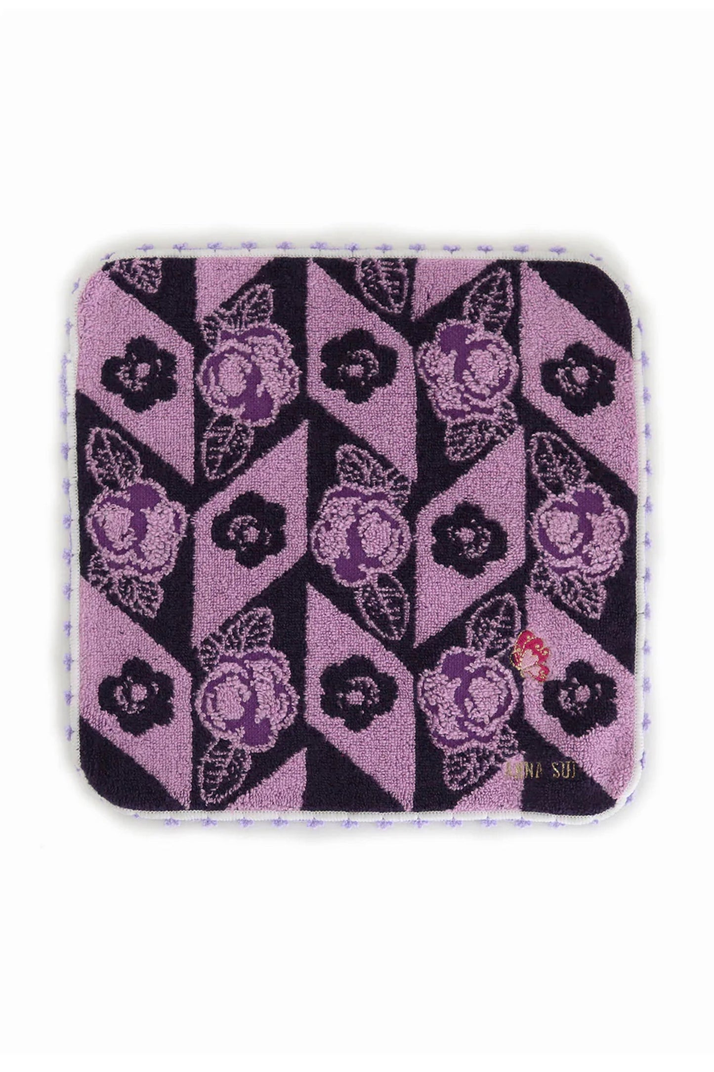 Washcloth, floral design, alternate purple/black, Anna Sui label on edge, an orange butterfly