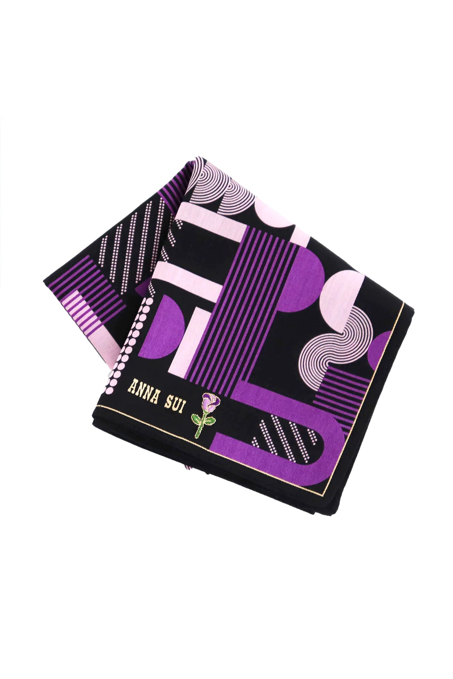 Dancing Deco Handkerchief, black with purple/white lines disco design, Anna’s label with a red rose