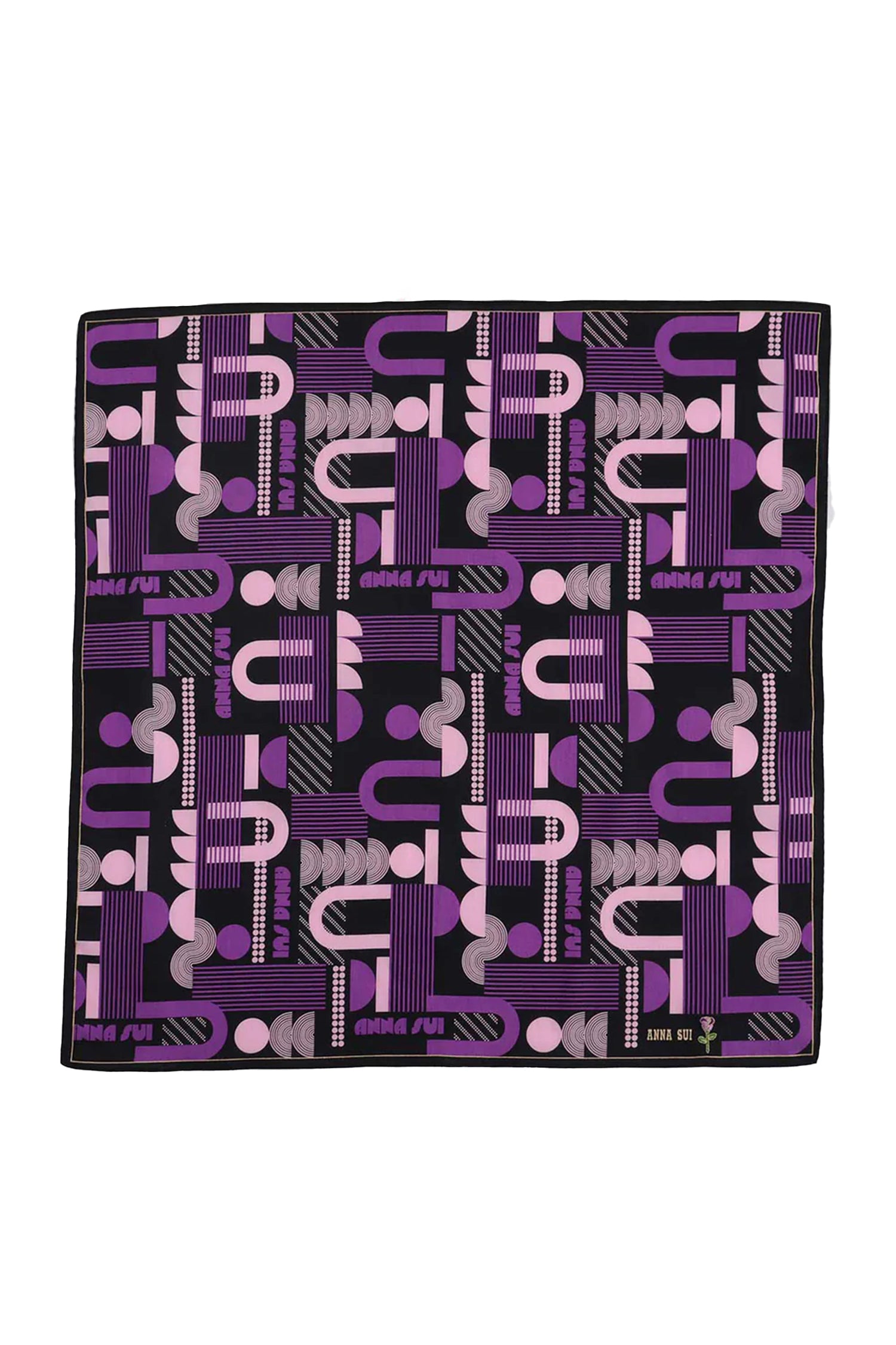 Squared Dancing Deco Handkerchief, black with purple/white lines disco design, Anna’s label, red rose