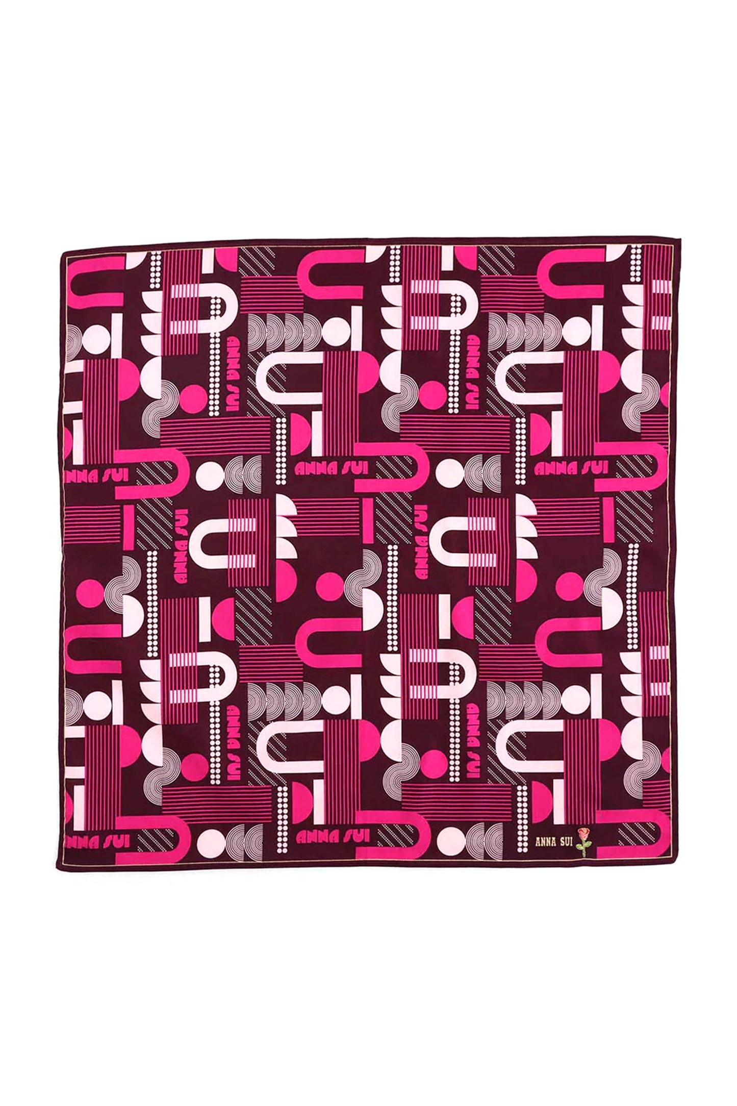 Squared  Handkerchief in burgundy with pink/white lines disco design, Anna’s label with a red rose