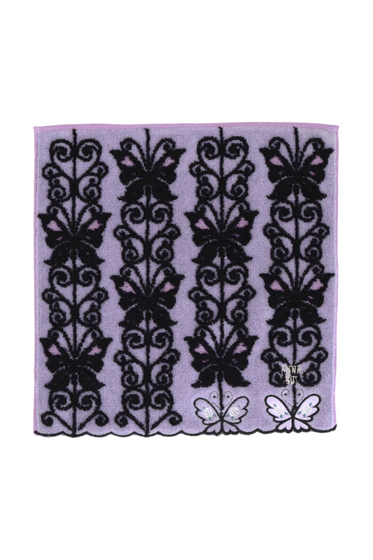 Purple Washcloth, black butterfly pattern and small floral details, 2 white butterflies, Anna Sui label 