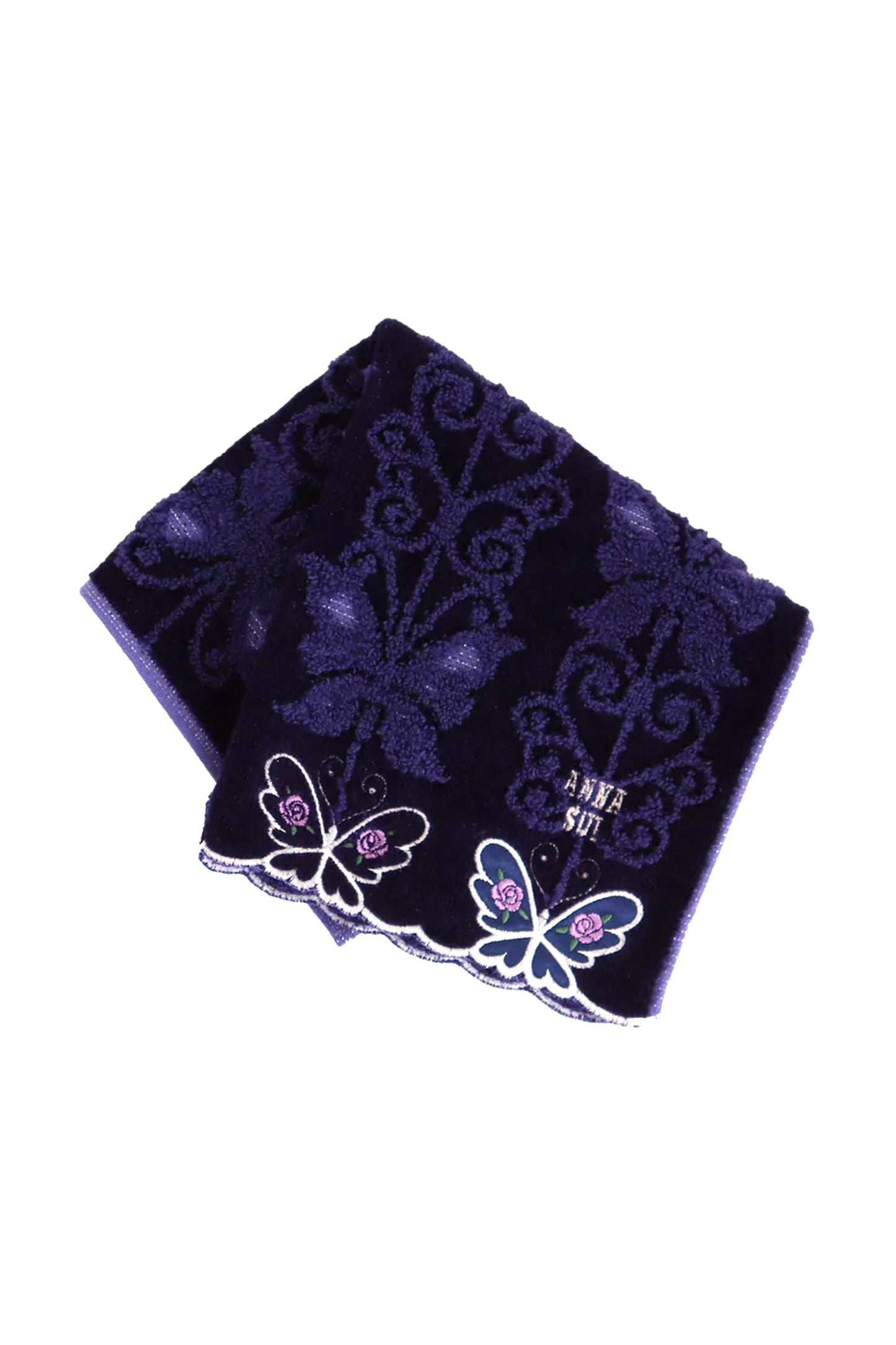 Butterfly Pattern Washcloth, 2 white butterflies and Anna Sui label in right corner
