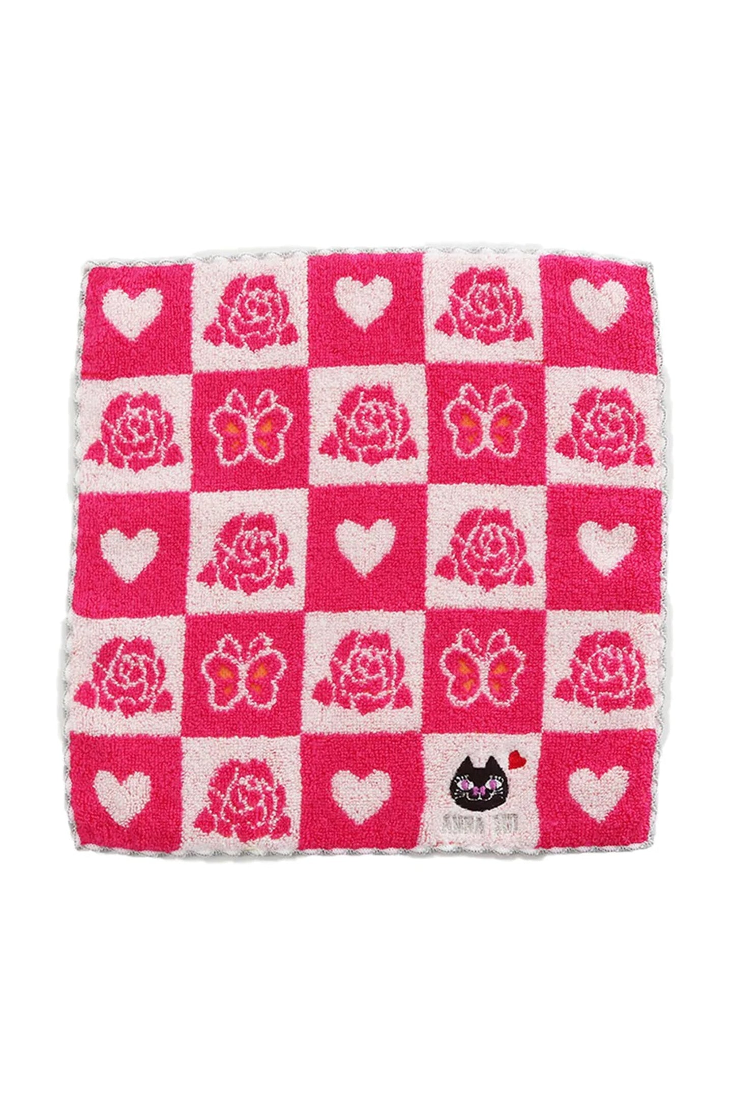 Washcloth, red/white checkerboard, white heart, red roses, red/white butterflies, black, Anna Sui