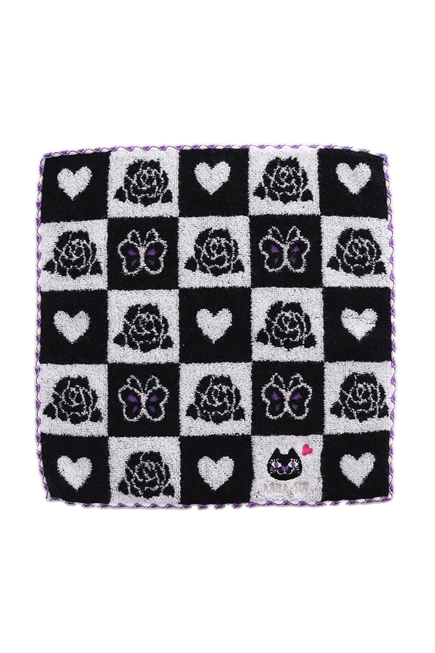 Washcloth, black/white checkerboard, white heart, black roses, black/purple butterflies, cat, Anna Sui
