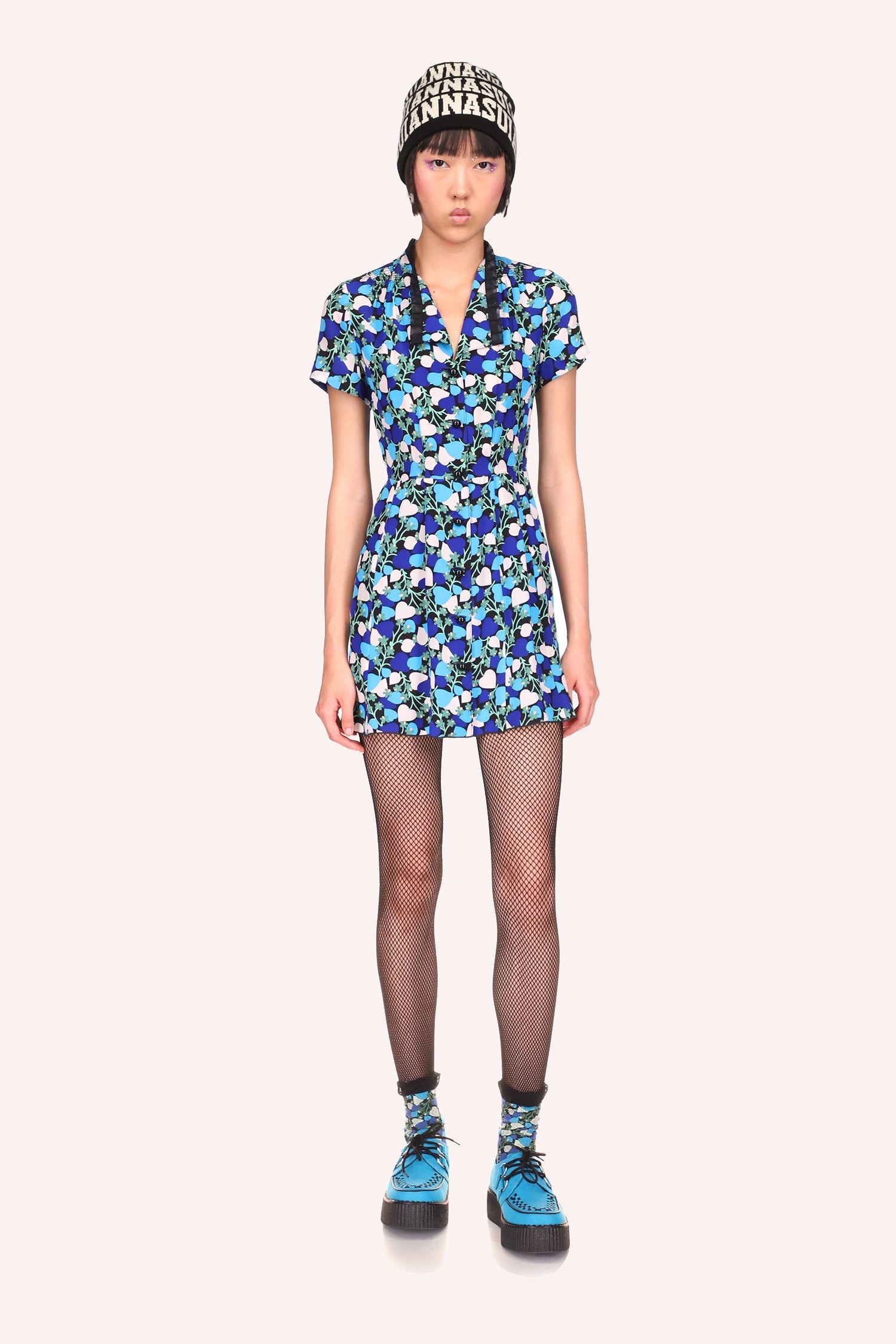 Blooming Hearts Dress Cornflower, mid-thigh mini dress, shoulder-covering sleeves, V-neckline with flap, 7-button