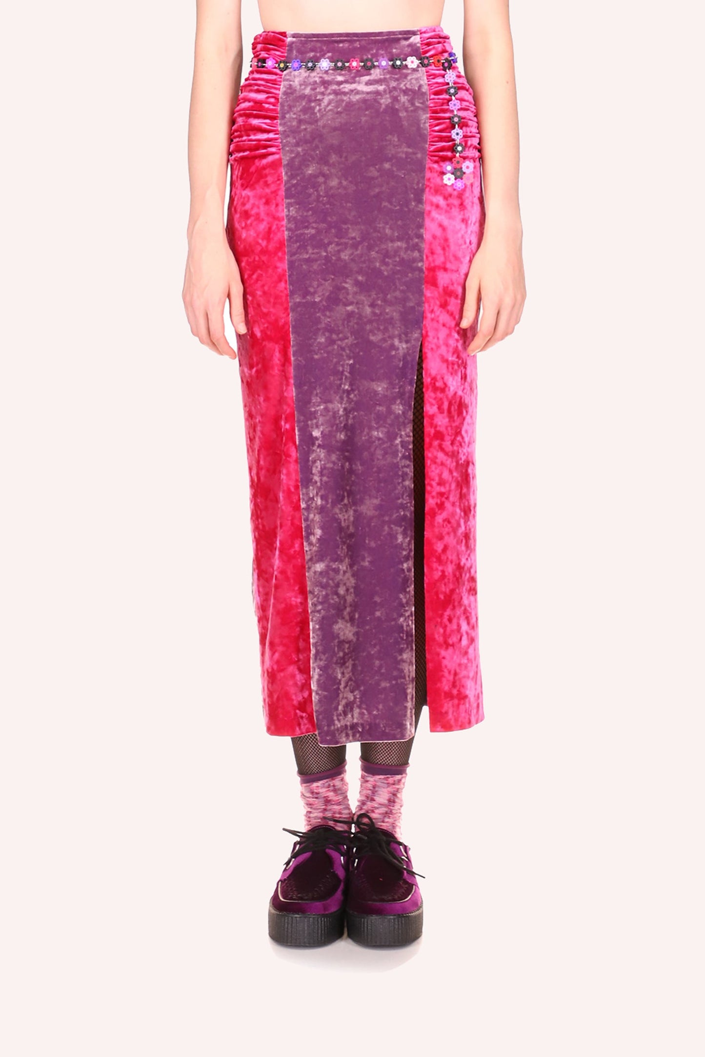Color Block Stretch Velvet Ruched Skirt, above ankles, with band of color, lavender and pink