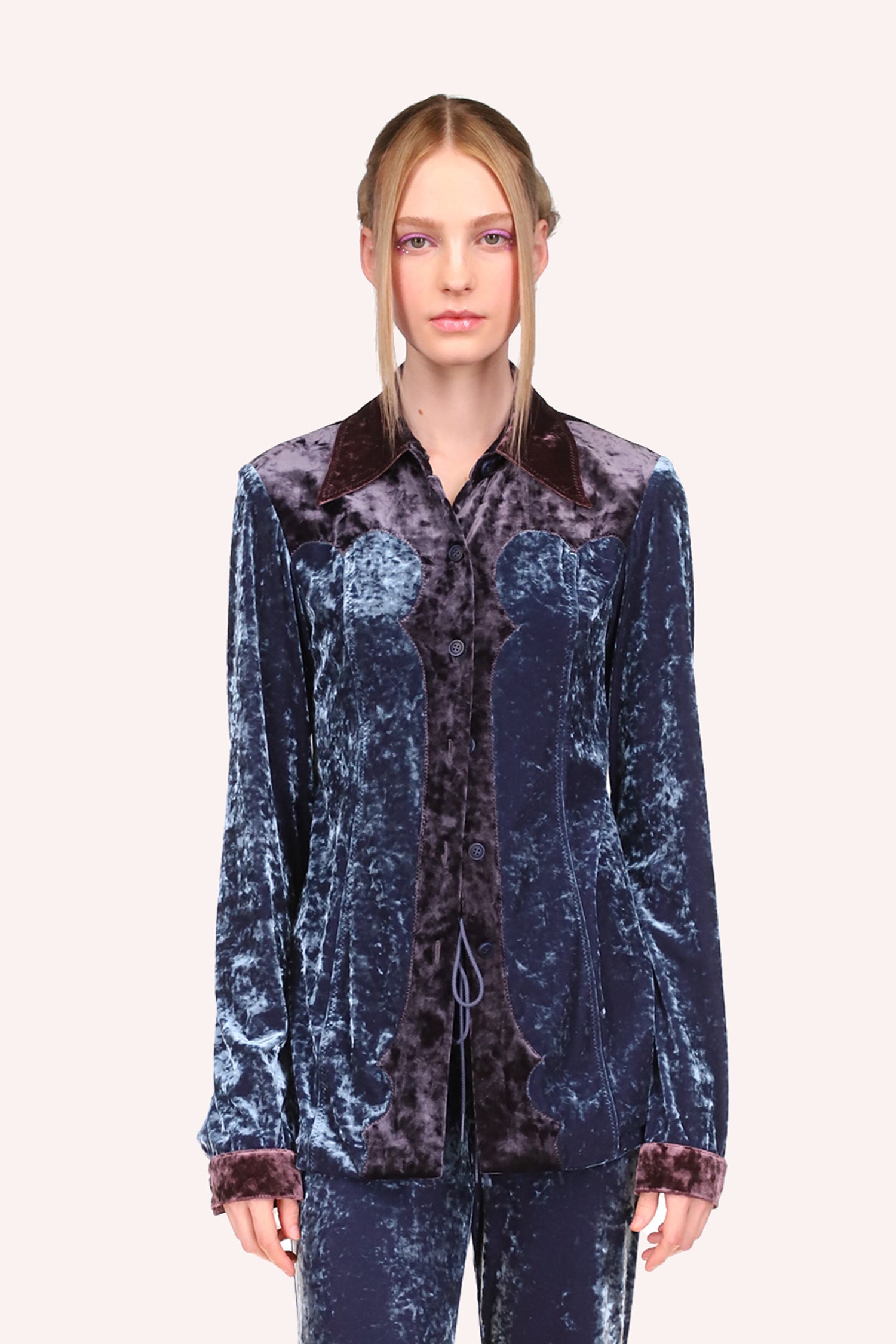 Color Block Stretch Velvet Top Slate Blue, long sleeves, hips long, large collar flap, 6-buttons