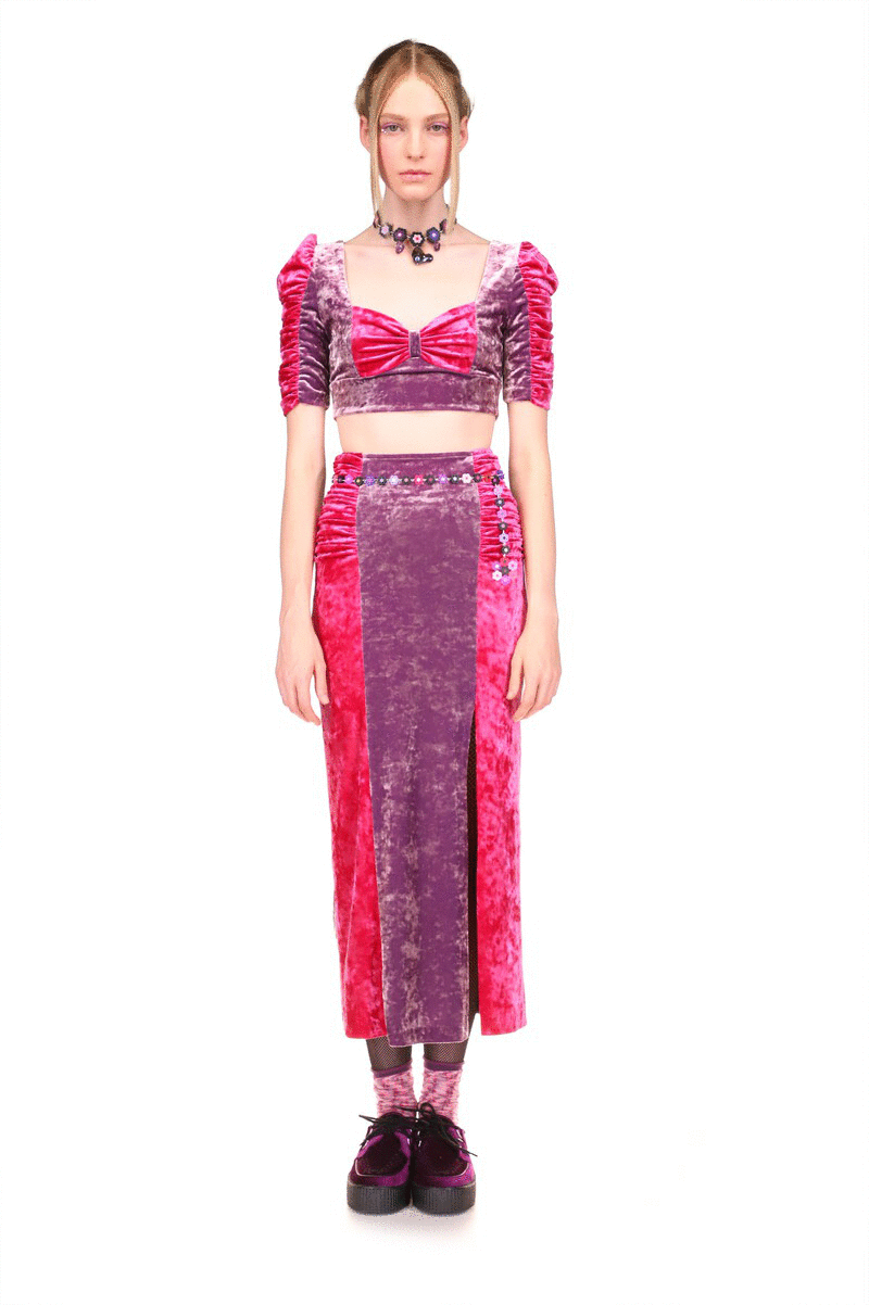 Color Block Stretch Velvet Ruched Skirt<br> Lavender Multi - Anna Sui