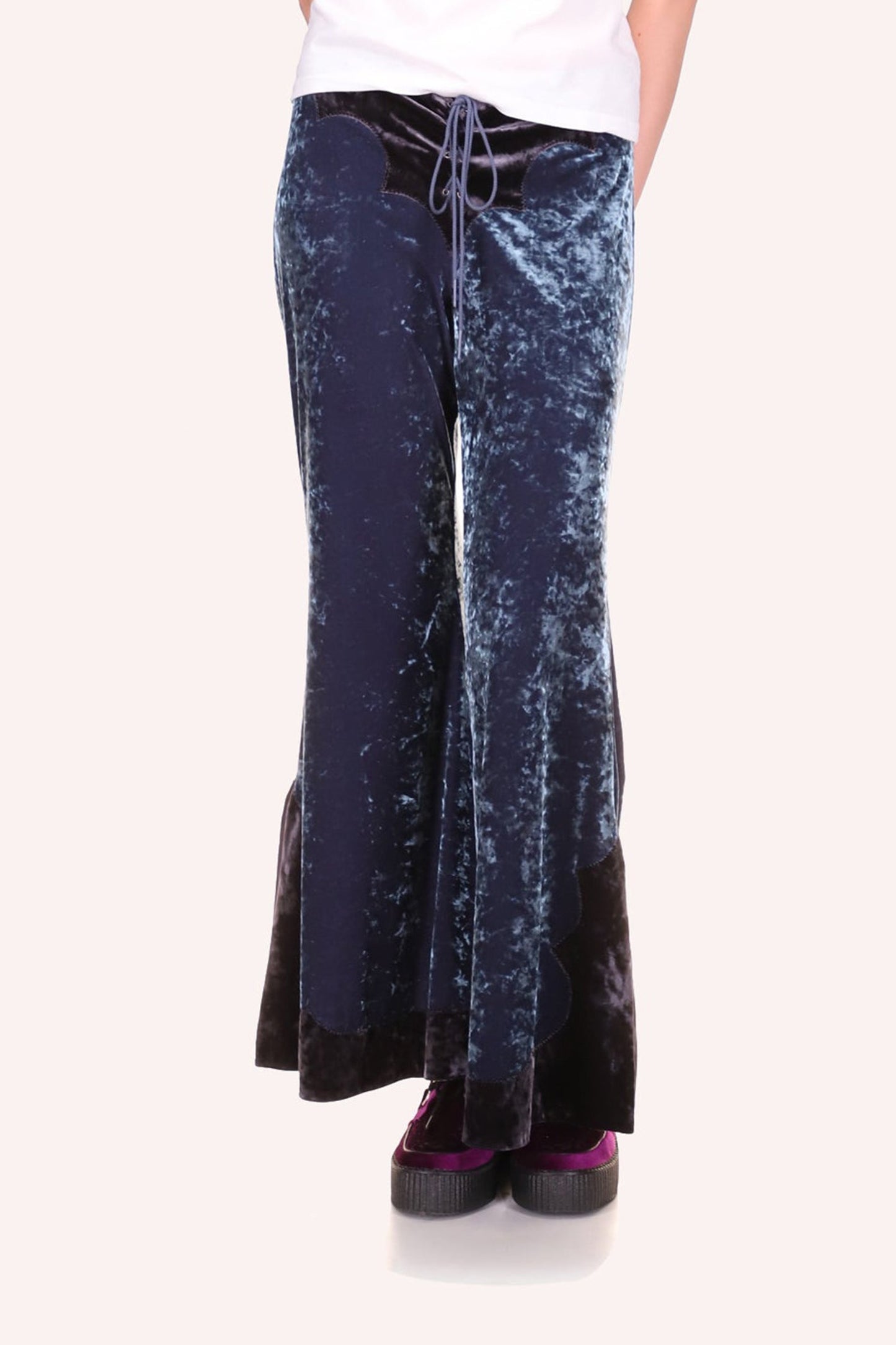 Velvet Pants Slate Blue, 2 textures, mainly blue velvet, and a brown velvet, a lace to tied