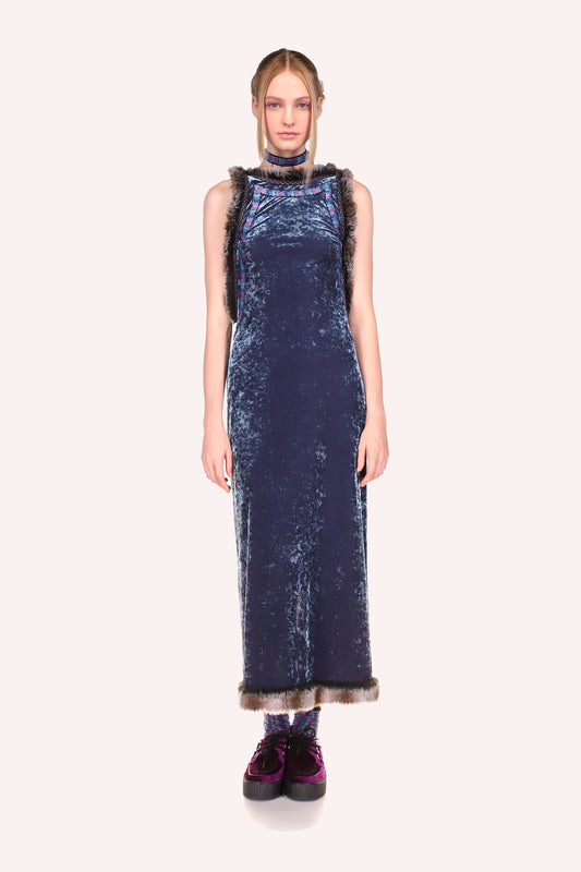 Princess Amber Dress Slate Blue, sleeveless, above ankles, fits closely the body, crew neckline
