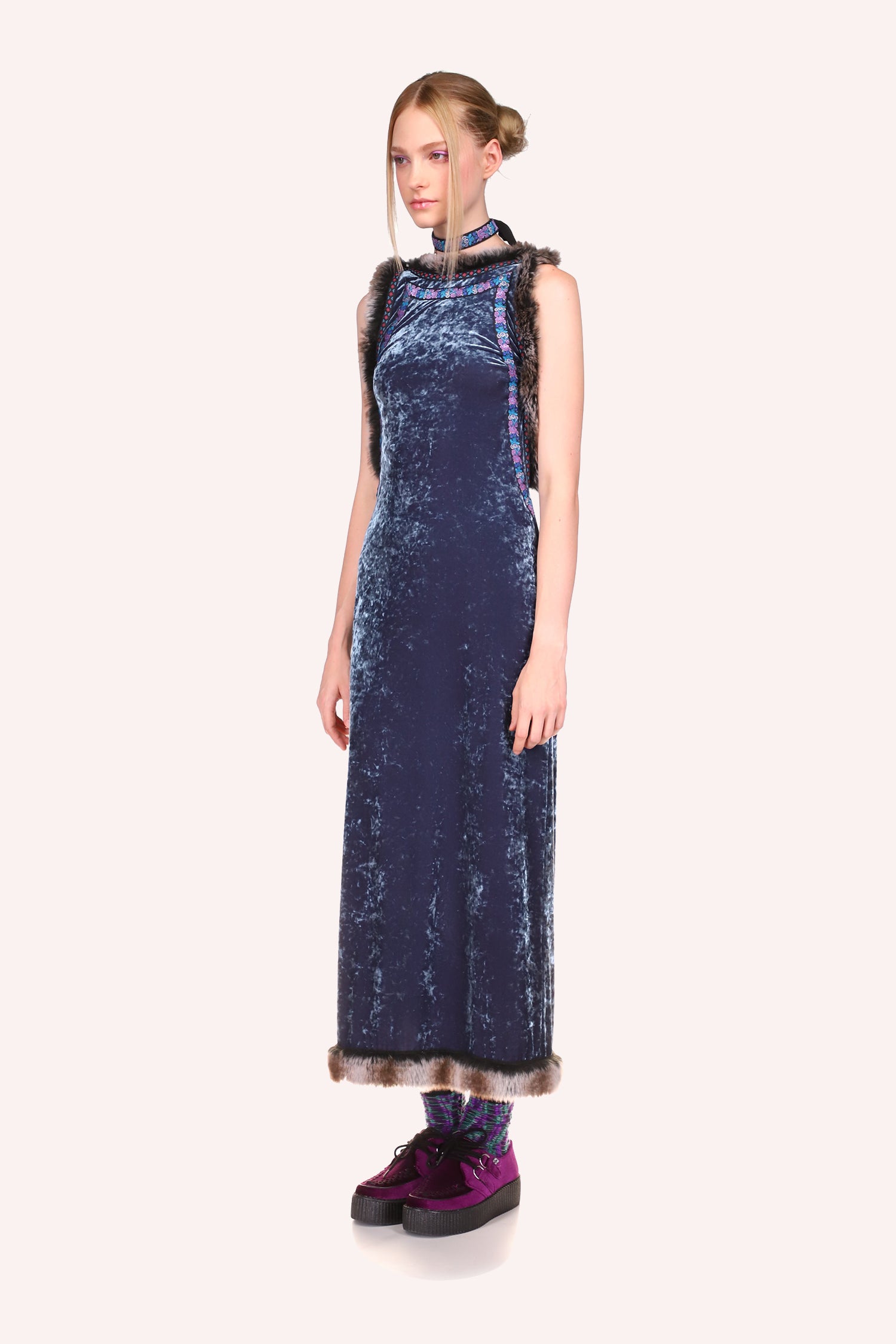 Princess Amber Dress Slate Blue, on each side a large cut from under arm to hips with plush faux fur along the seams