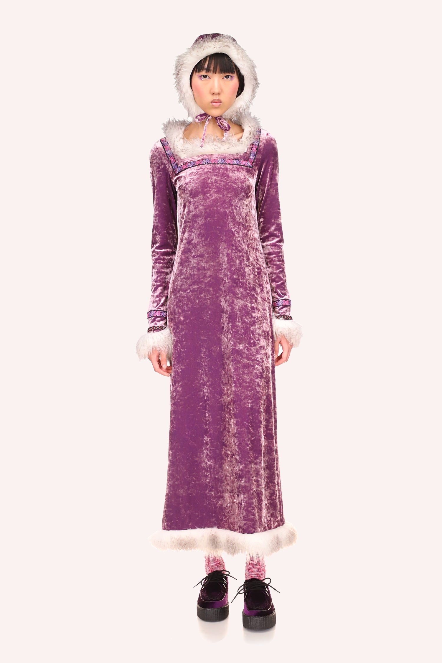  Princess Audrey Dress Lavender ankles long, long sleeves, plush faux fur at seams, collar in squared shaped 