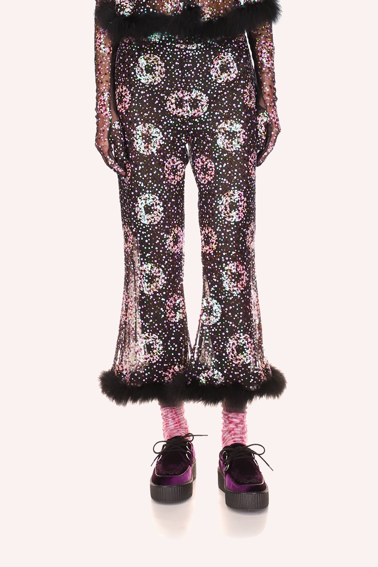 Sparkler Sequins Pants Lavender, above ankles long, bell-bottoms shape,  fluffy faux fur a bottom hem 