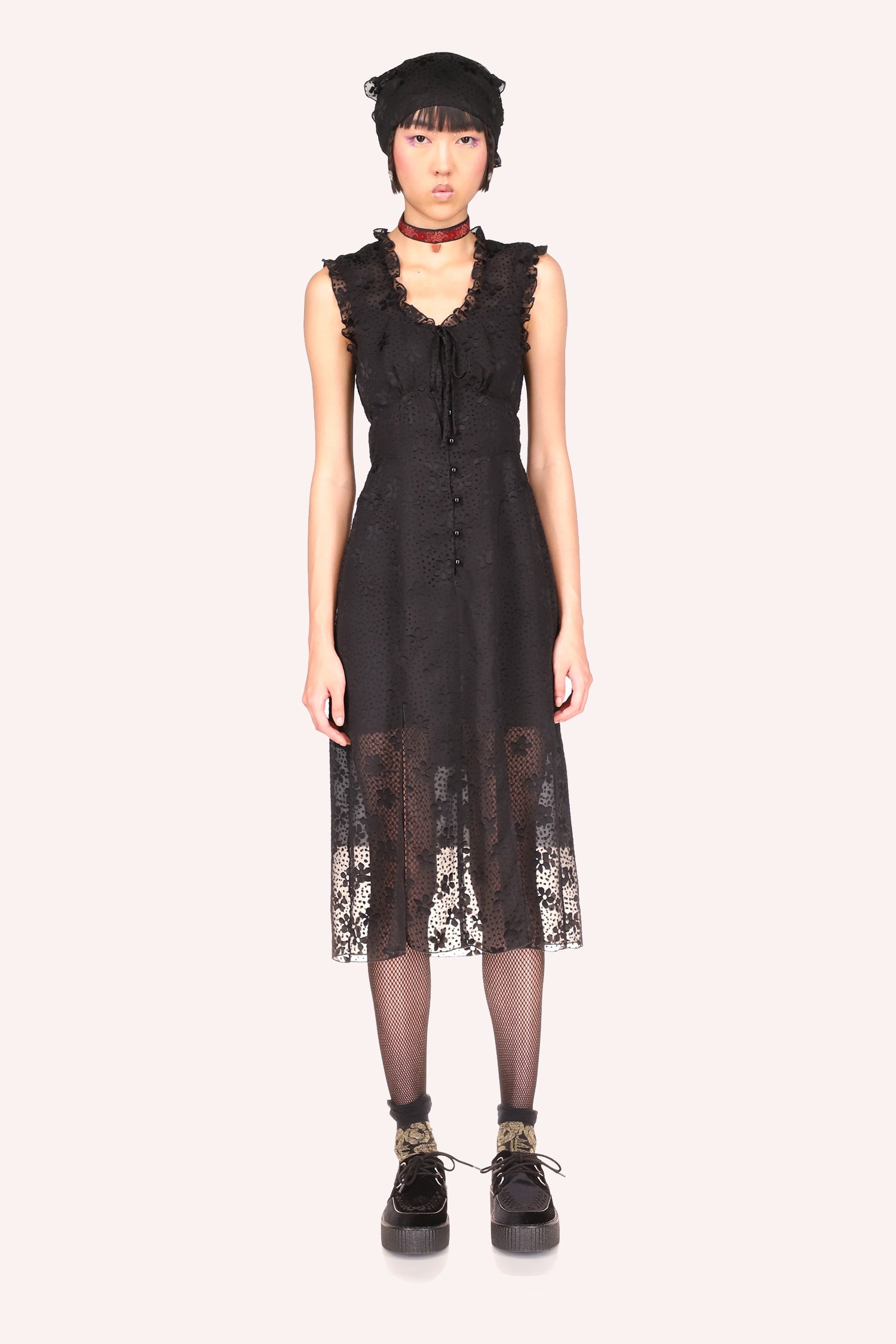 Daisy Dot Burnout Dress Black, sleeveless, large straps over shoulders, mid-tight long black, then lace to under-knees 