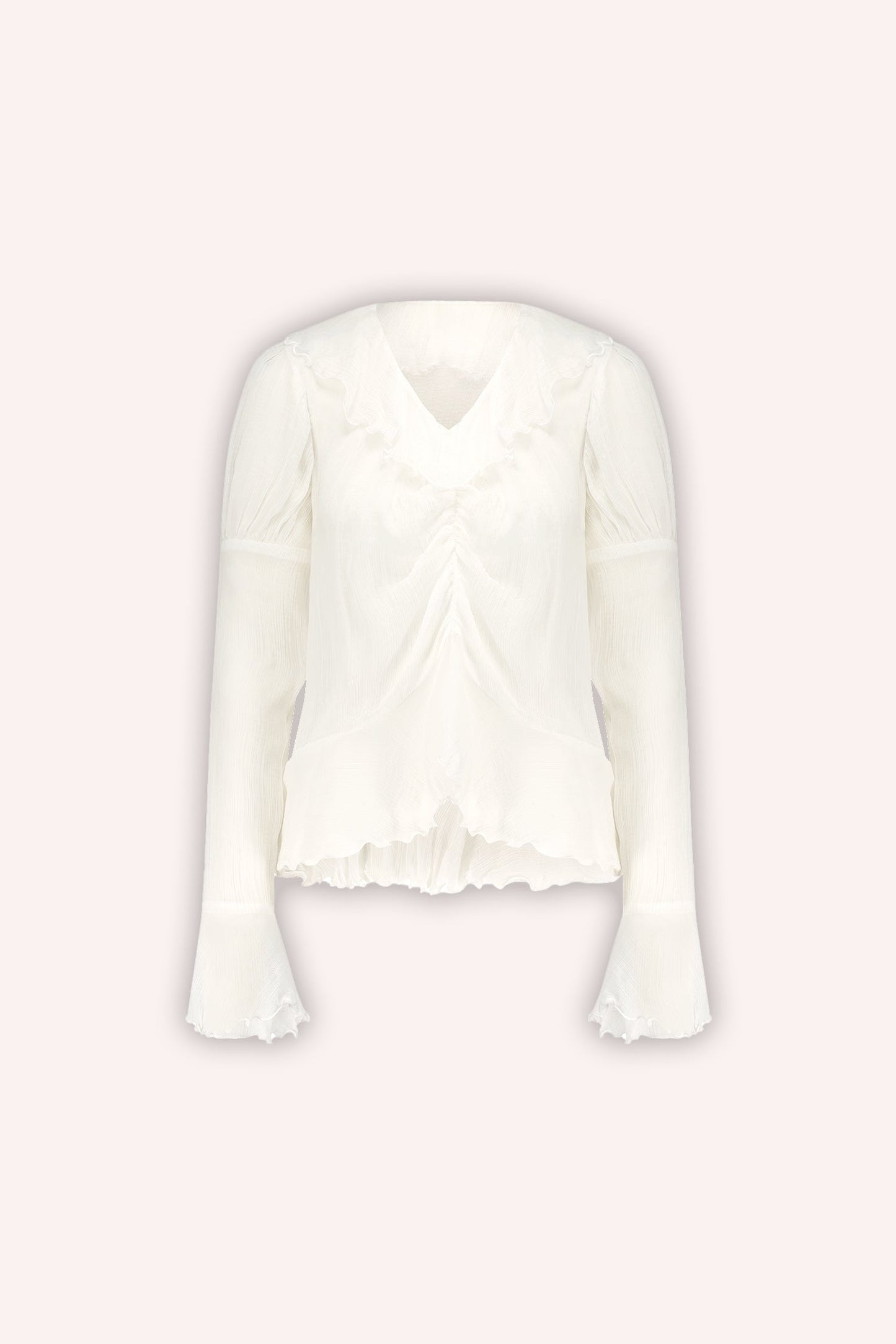 White crinkled chiffon blouse, long sleeves, flowing style with ruffles on the shoulders and cuffs