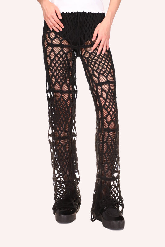 Hand-Crochet Diamond Pants Black, long over the shoes, pattern of diamonds in different size