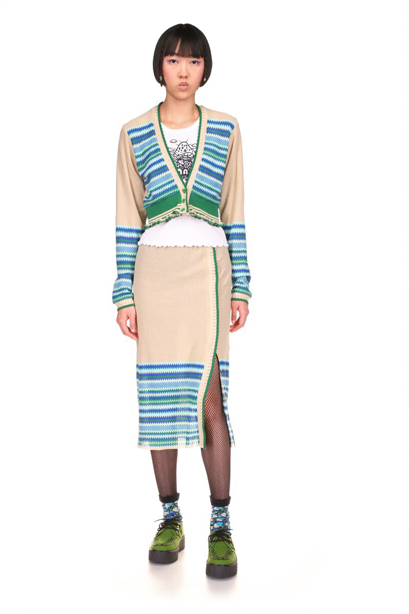 Tonal Zigzag Cropped Cardigan Cornflower, above hips long, deep V-cut collar 3-green buttons, up at center
