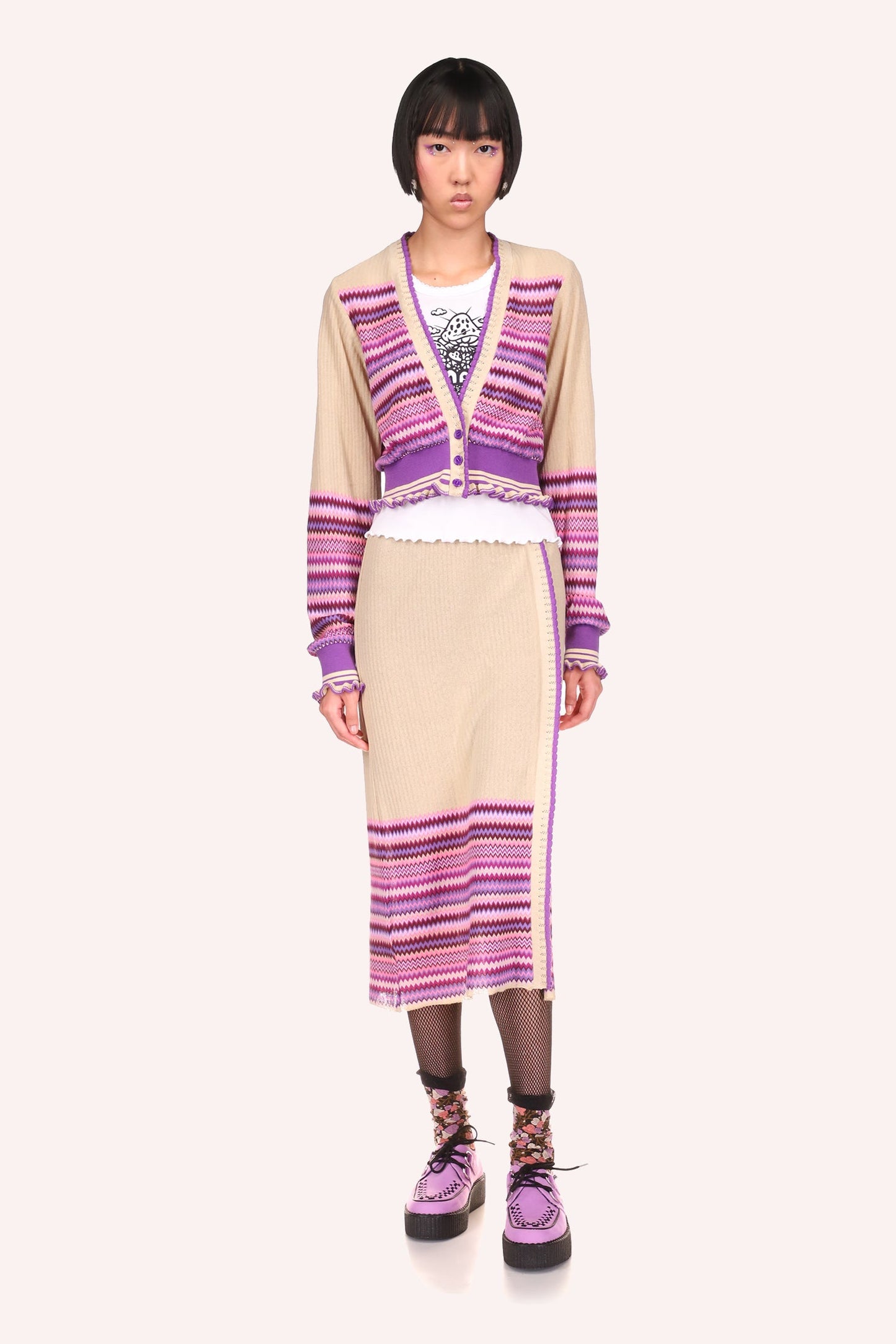 Tonal Zigzag Skirt lavender is a match for Tonal Zigzag Cropped Cardigan lavender