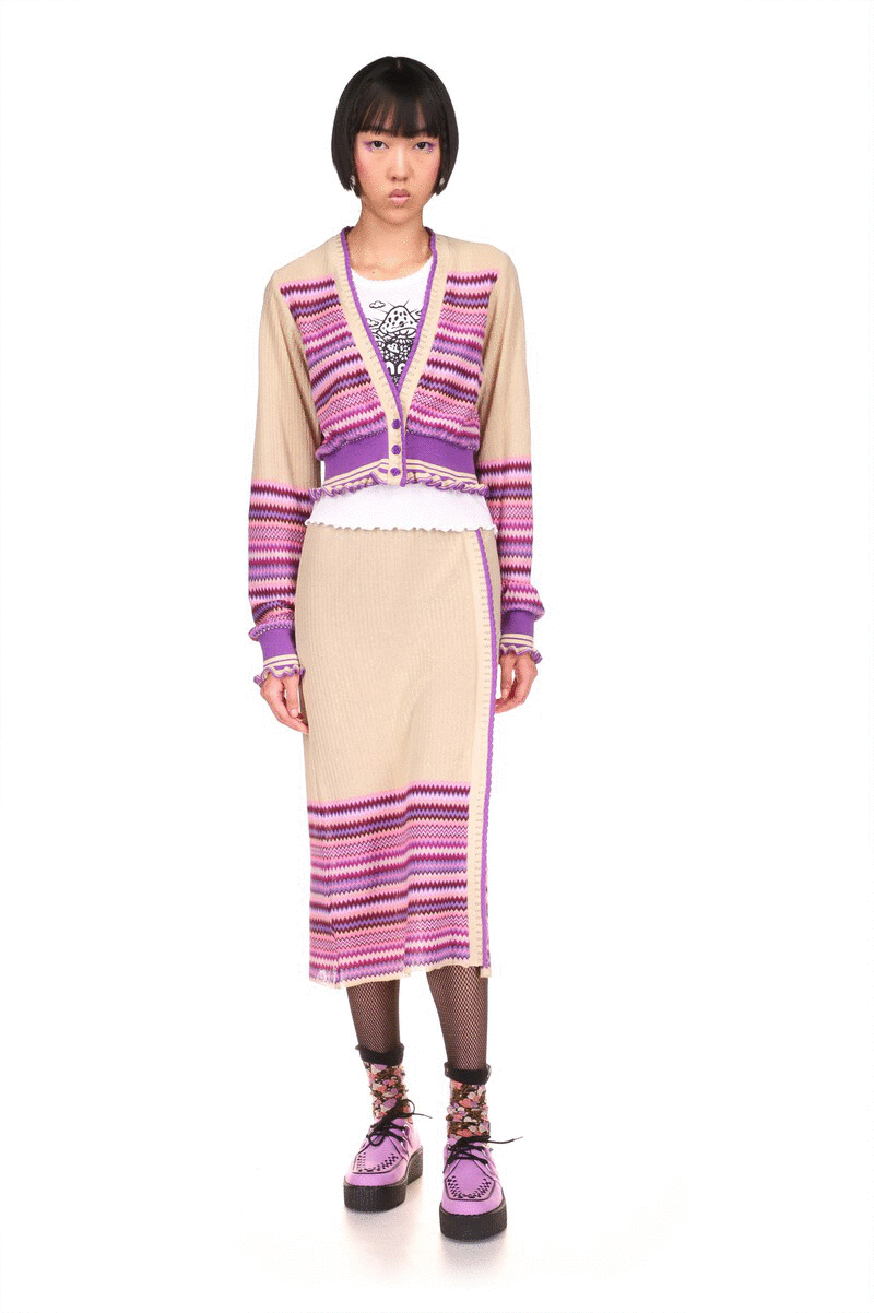 Tonal Zigzag Cropped Cardigan Lavender above hips, deep V-cut collar, 3-Lavender buttons