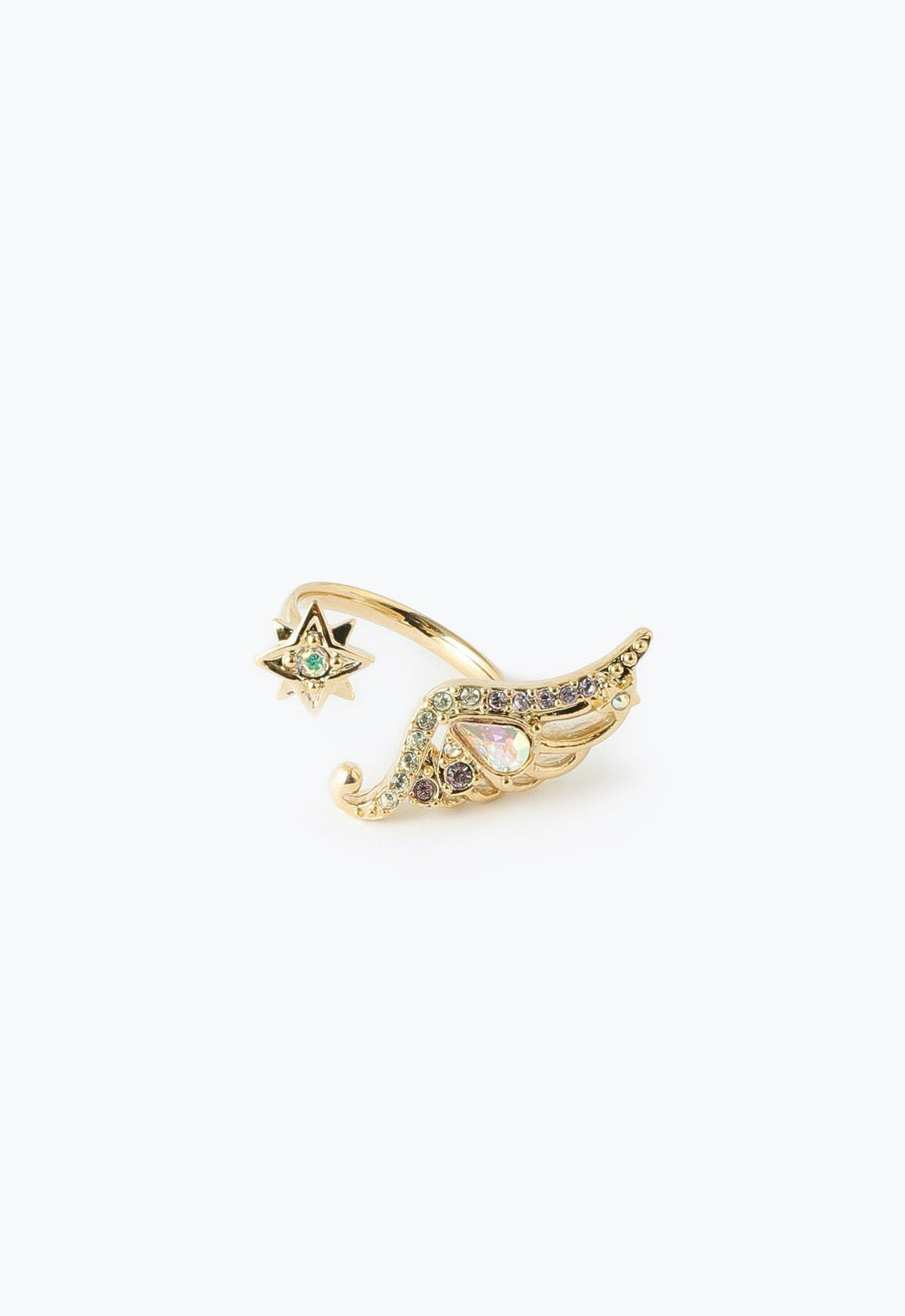 Butterfly wing ring gold, edged with small gemstones, large gem center, open ring ends with a star