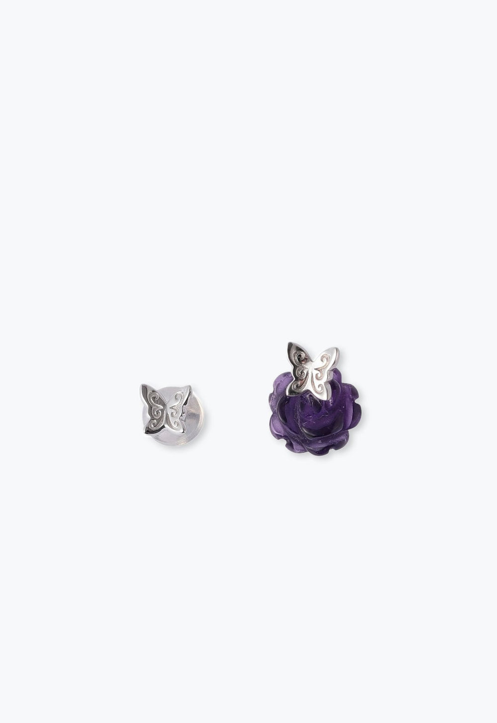 Rose/Butterfly Earrings, one silver butterfly on Amethyst rose, other is just a silver butterfly