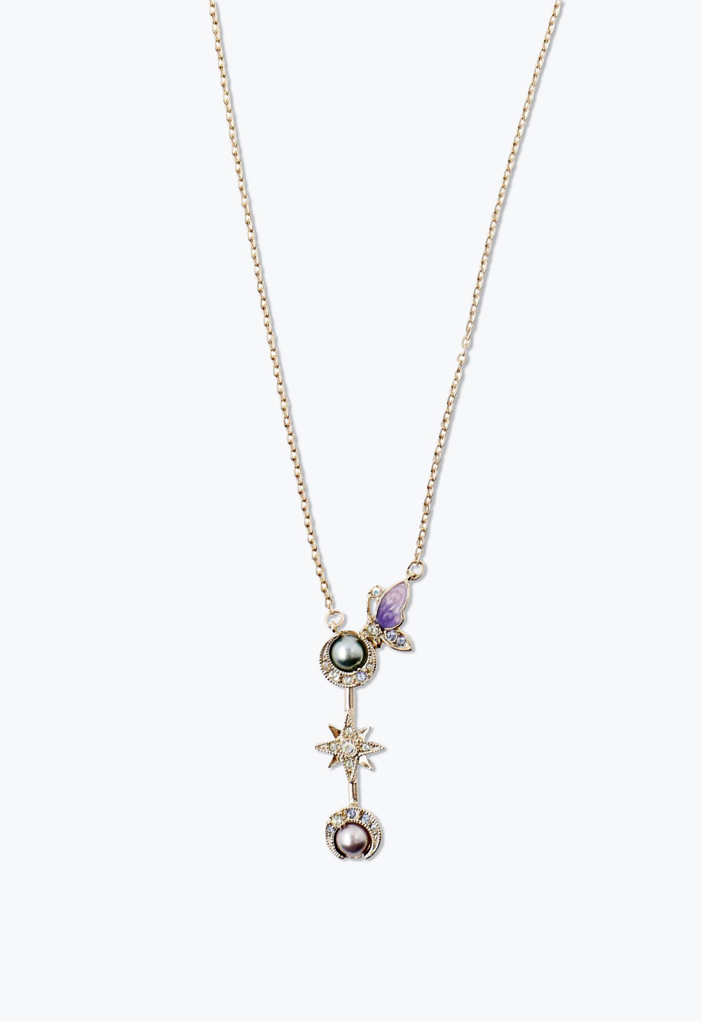 Lavender butterfly with gems, pearl on a crescent up, a star-shaped, pearl on a crescent down