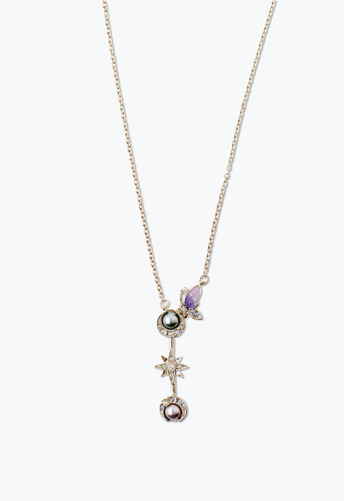 Chain, with a purple butterfly with gemstones, pearl on a crescent facing up, a star-shaped, pearl on a crescent facing down