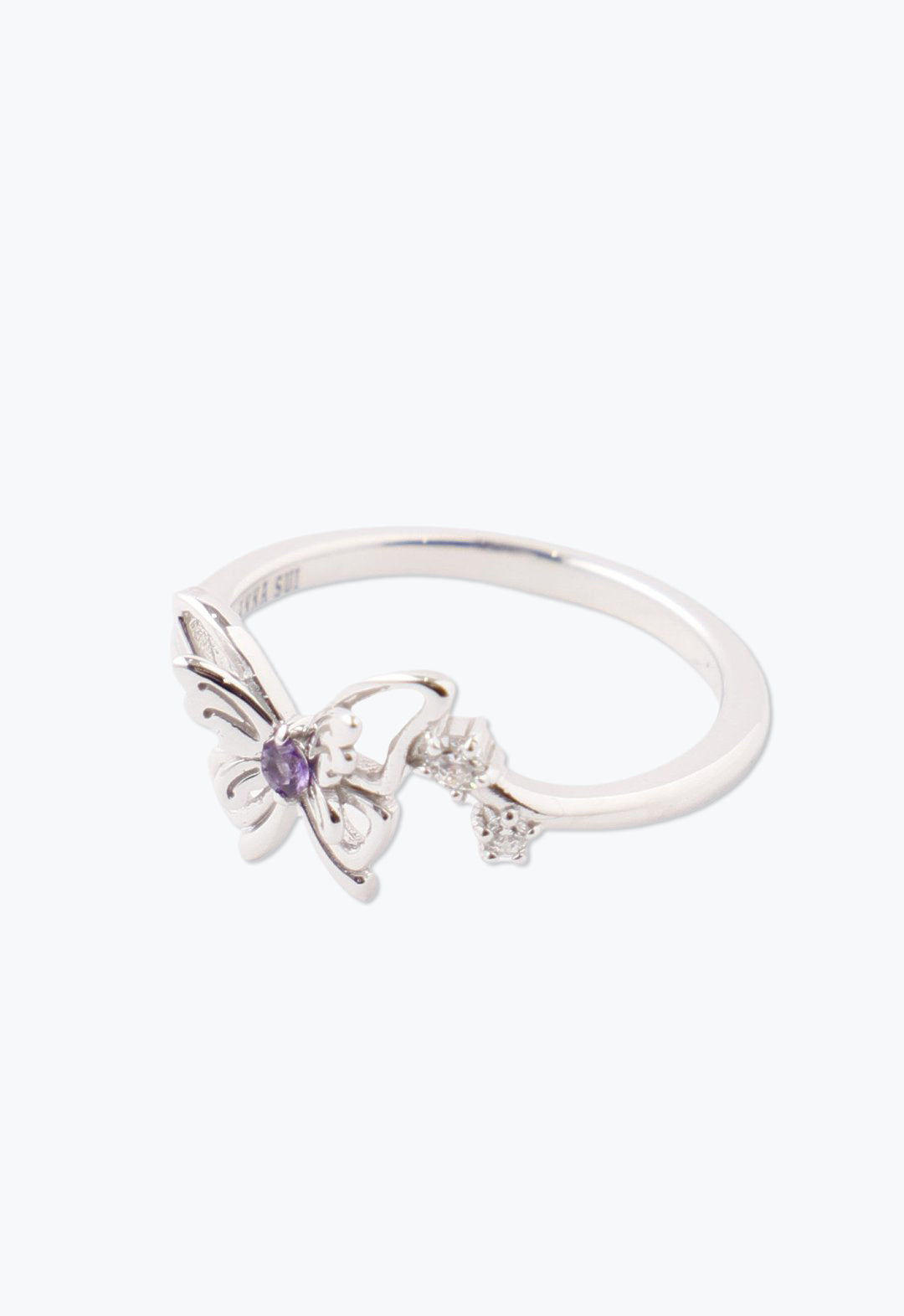 Ribbon Butterfly Ring Silver, Rhodium Plated metal, an Amethyst and 2 Cubic Zirconia