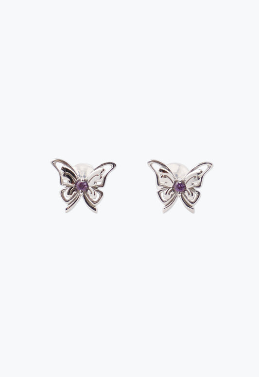 Ribbon Butterfly Earing Silver, is in Rhodium Plated metal, an. Amethyst is at butterfly center