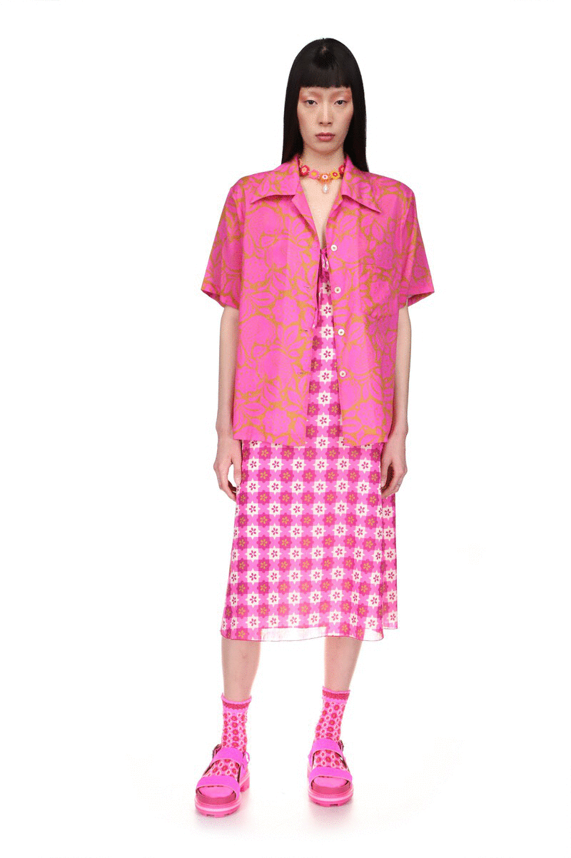 Fabulous Top in Neon Pink, features a gorgeous golden design, elbow-length sleeves, 4- nacre buttons, large v-collar