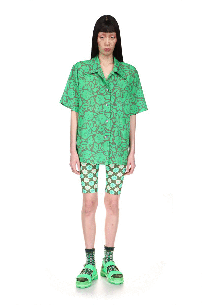 Utopian Gingham Bike Shorts Glo Green Features a Green and white star-shaped pattern
