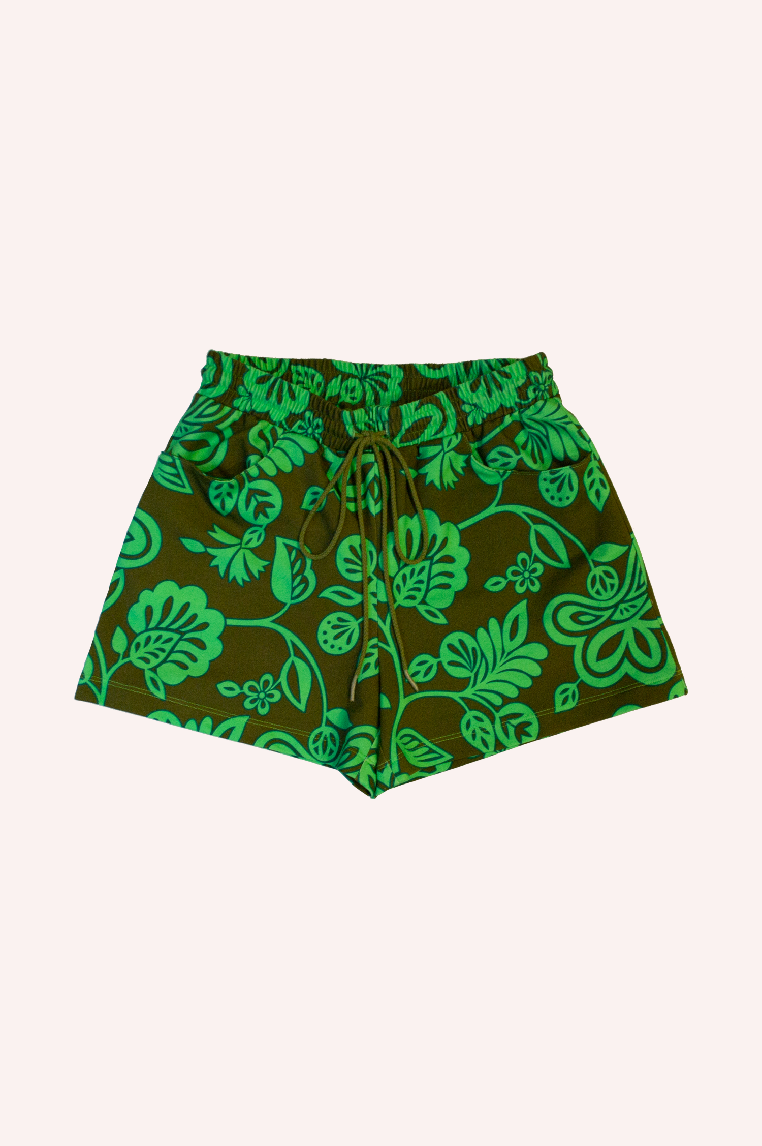 Tropical Havana Shorts, green floral design on a darker green background, lace aa a belt, 2-pocket with an angle