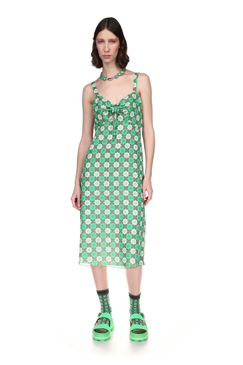 Utopian Gingham Cotton Slip Dress Glo Green features a green light and dark and white star-shaped pattern