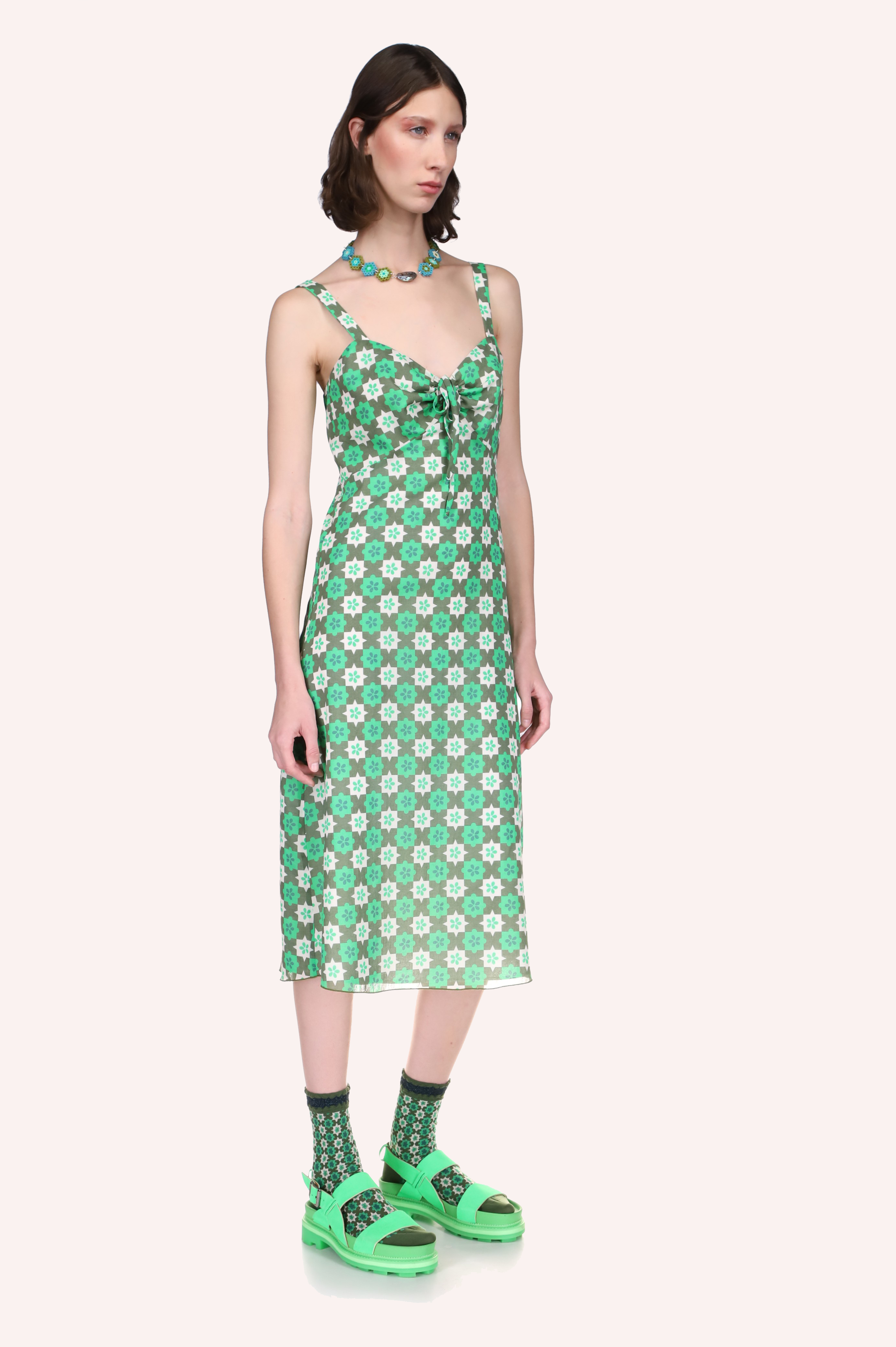 Utopian Gingham Cotton Slip Dress Glo Green, under-knee long, sleeveless, 2-straps V-cut collar, with a ribbon-knot
