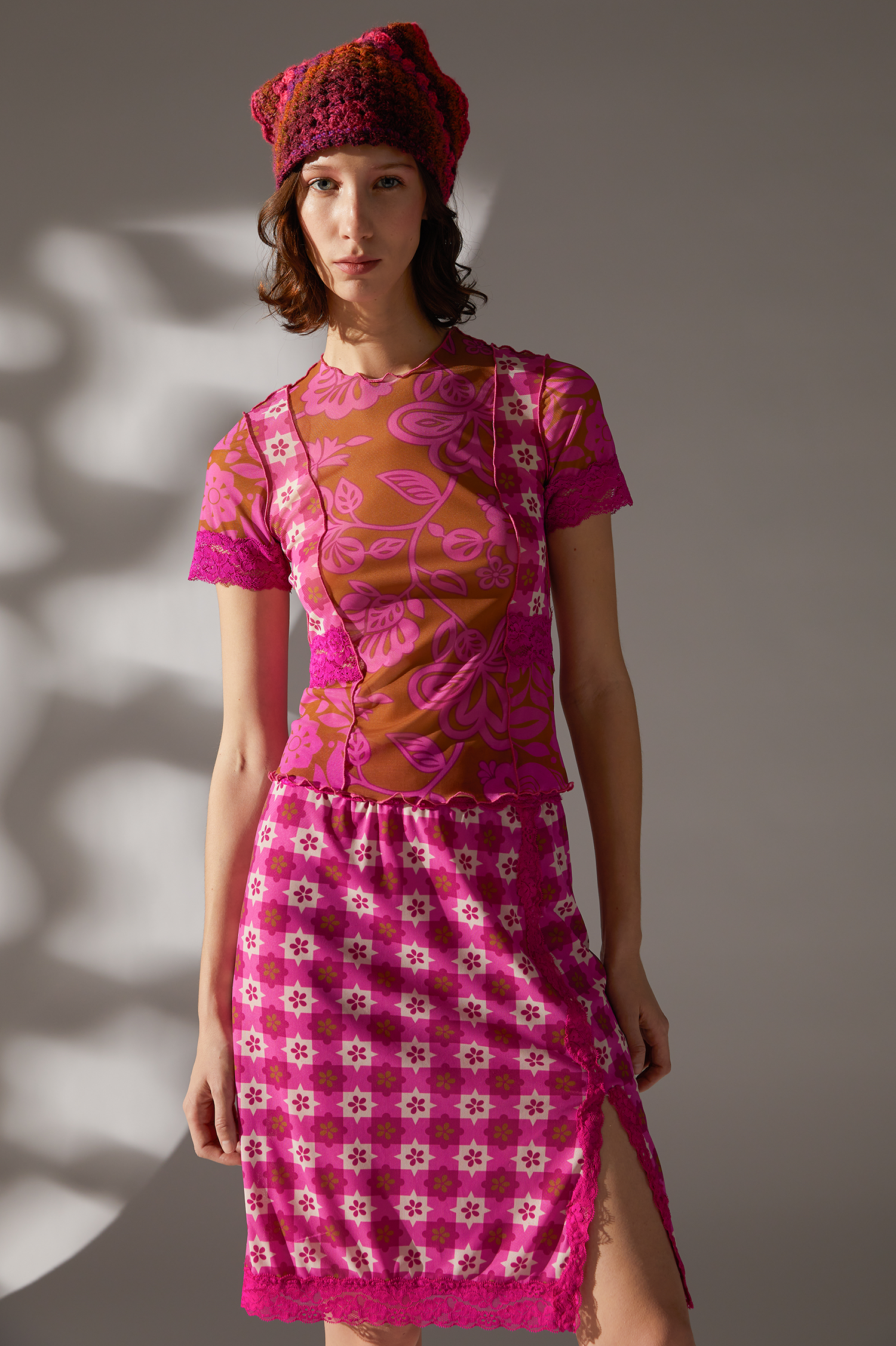 Utopian Gingham Mesh Skirt <br> Neon Pink - Anna Sui