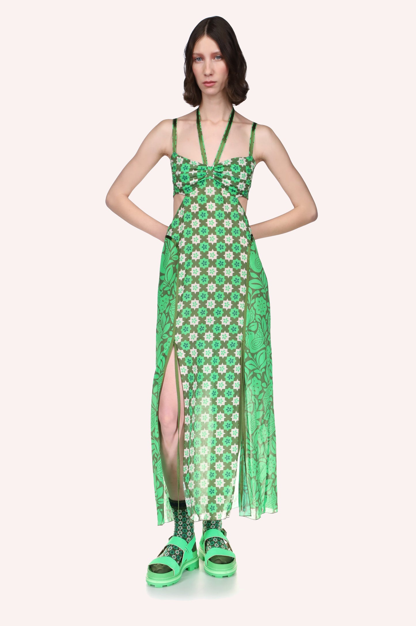 Bird of Paradise strappy green dress, sleeveless, 4-straps over shoulders, 2 goes around the neck