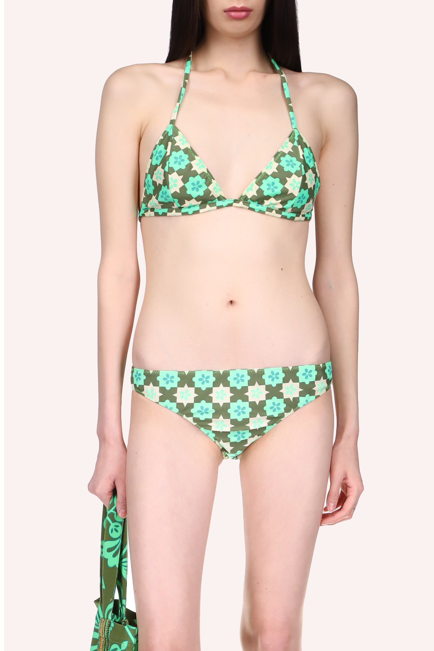 Utopian Gingham Triangle Bikini Set features a green light and dark and white star-shaped pattern