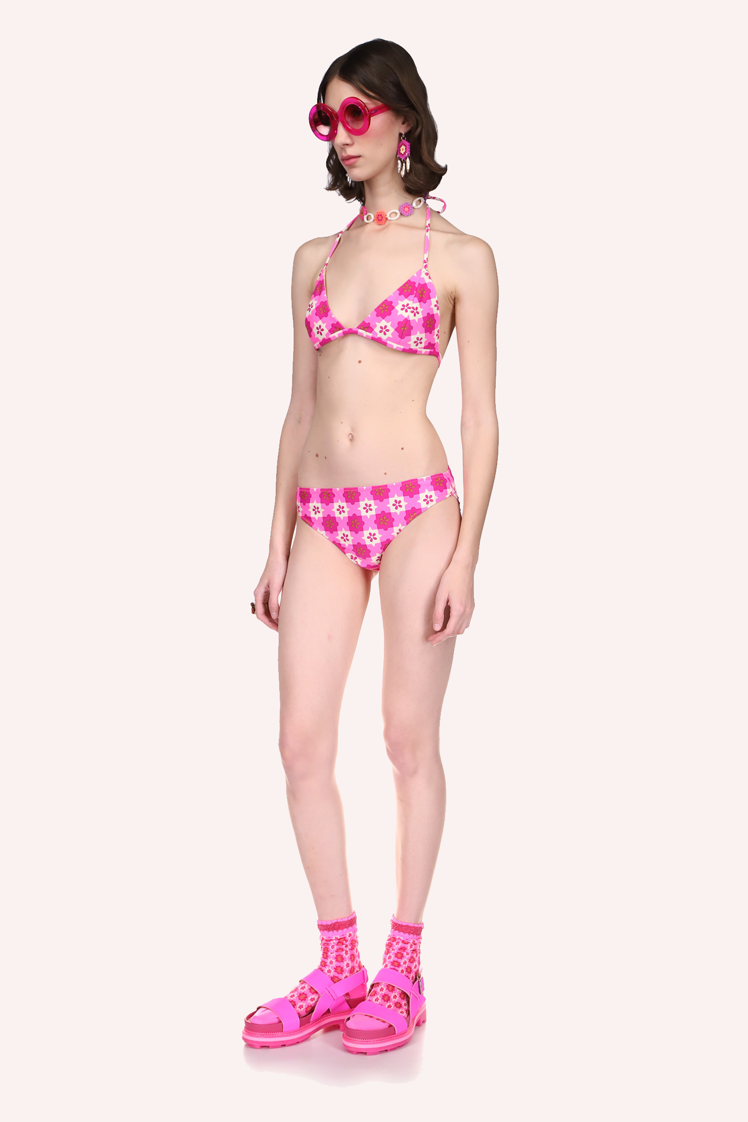 Utopian Gingham Triangle Bikini Set Neon Pink perfect combination for the beach or for being lazy in the sun anywhere.