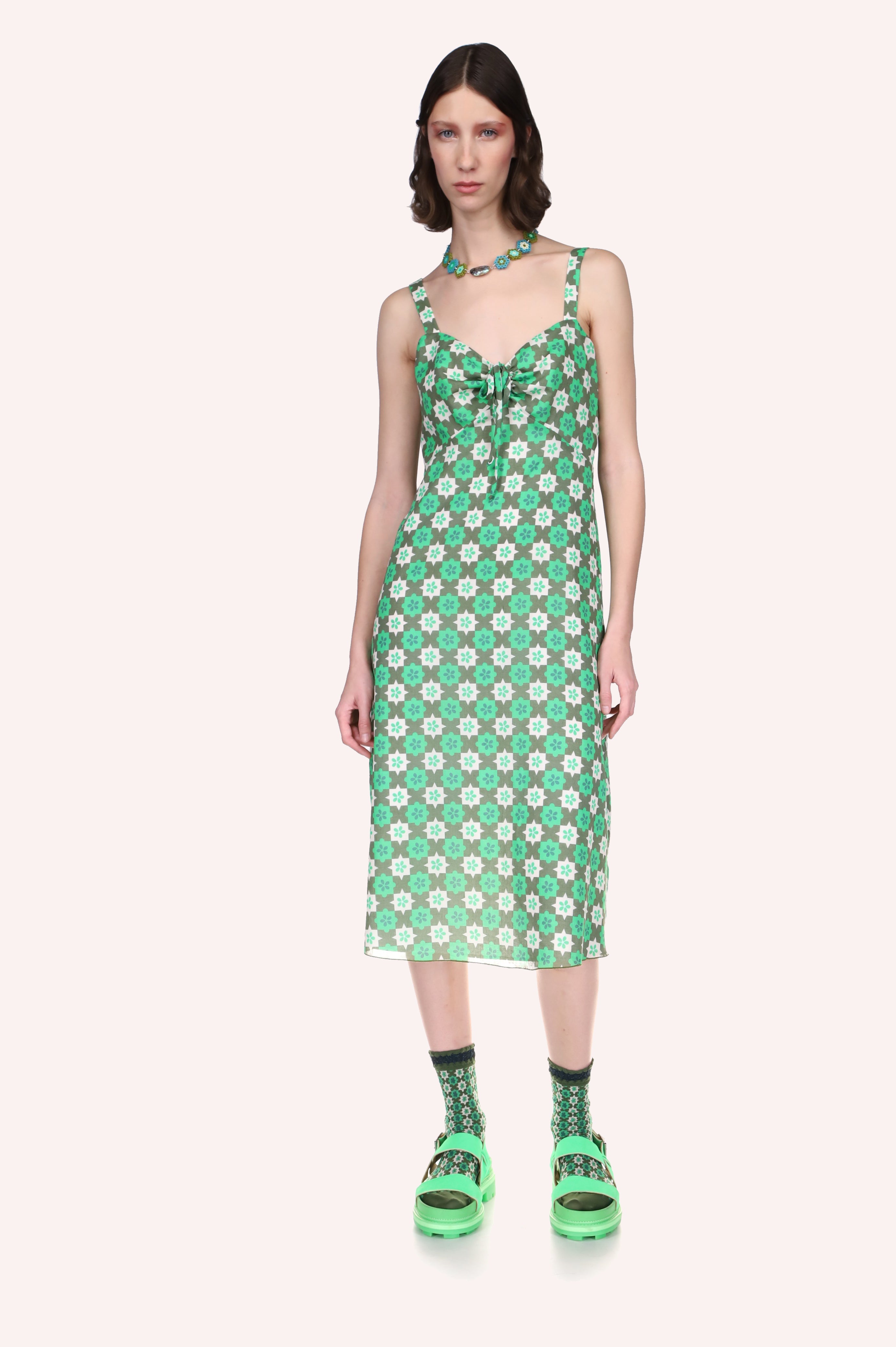 Utopian Gingham Cotton Slip Dress Glo Green, under-knee long, sleeveless, V-cut collar, 