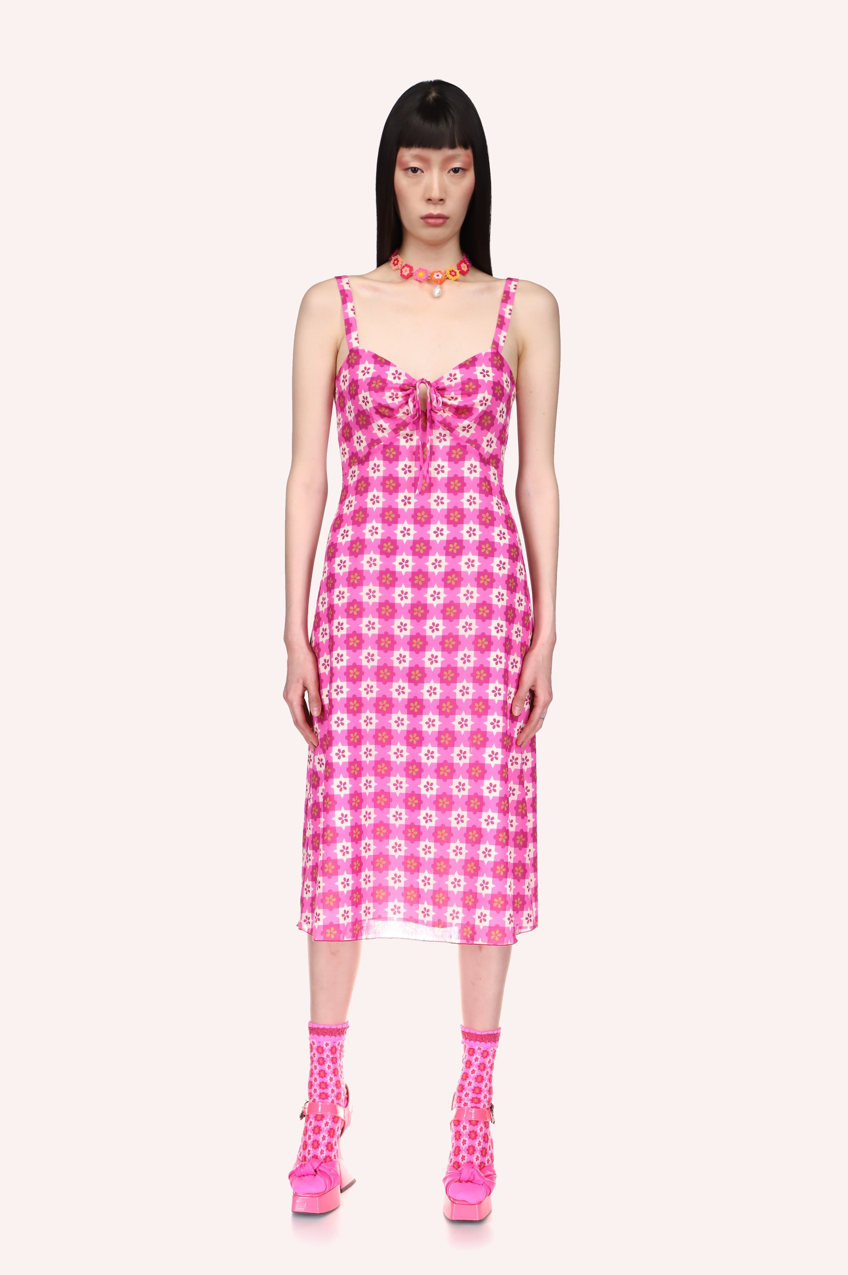 Utopian Gingham Cotton Slip Dress Neon Pink – Anna Sui