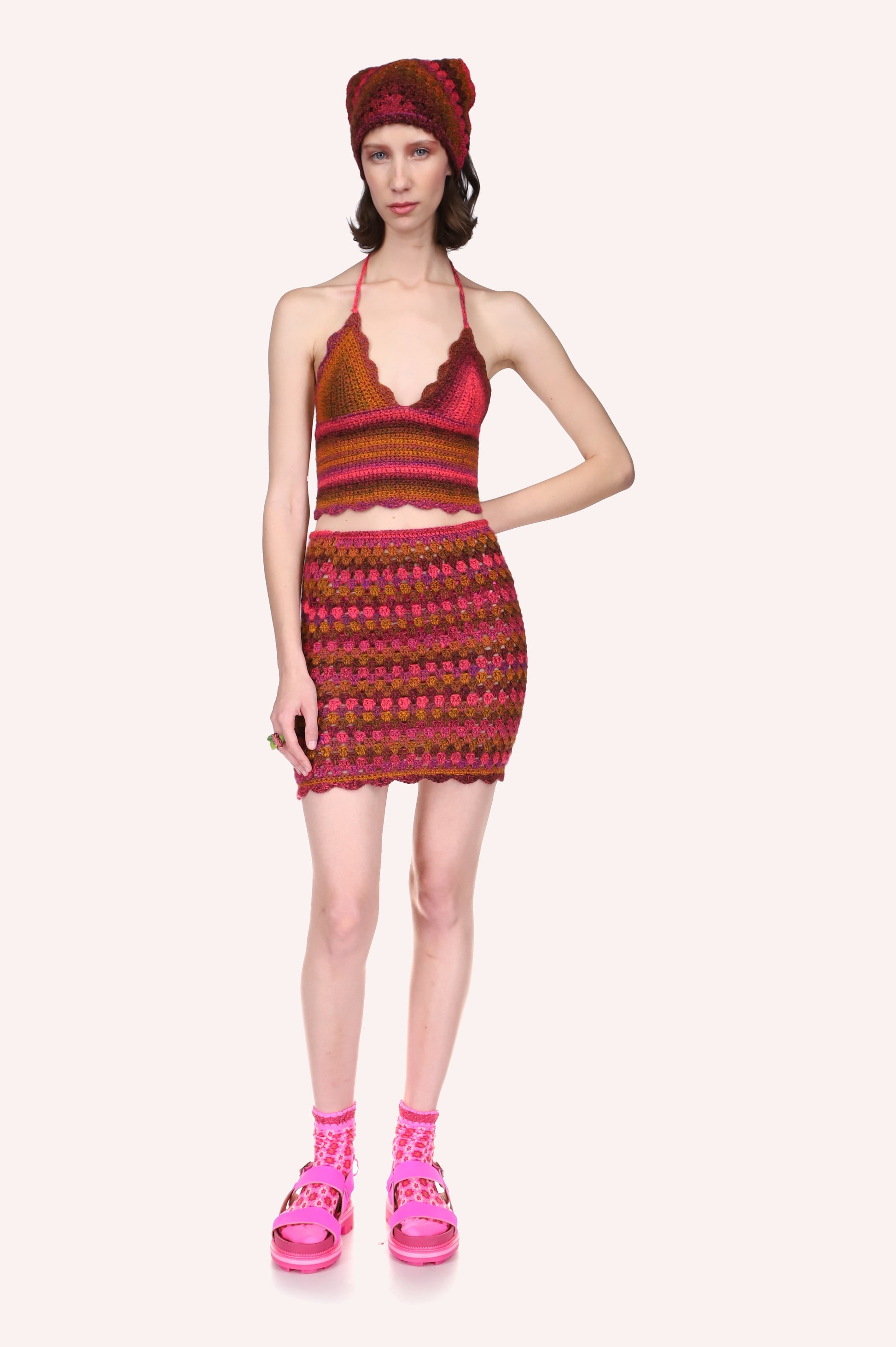 Ombre Hand Crochet Skirt by Konry K Raspberry, can be worn with any raspberry Anna Sui attire
