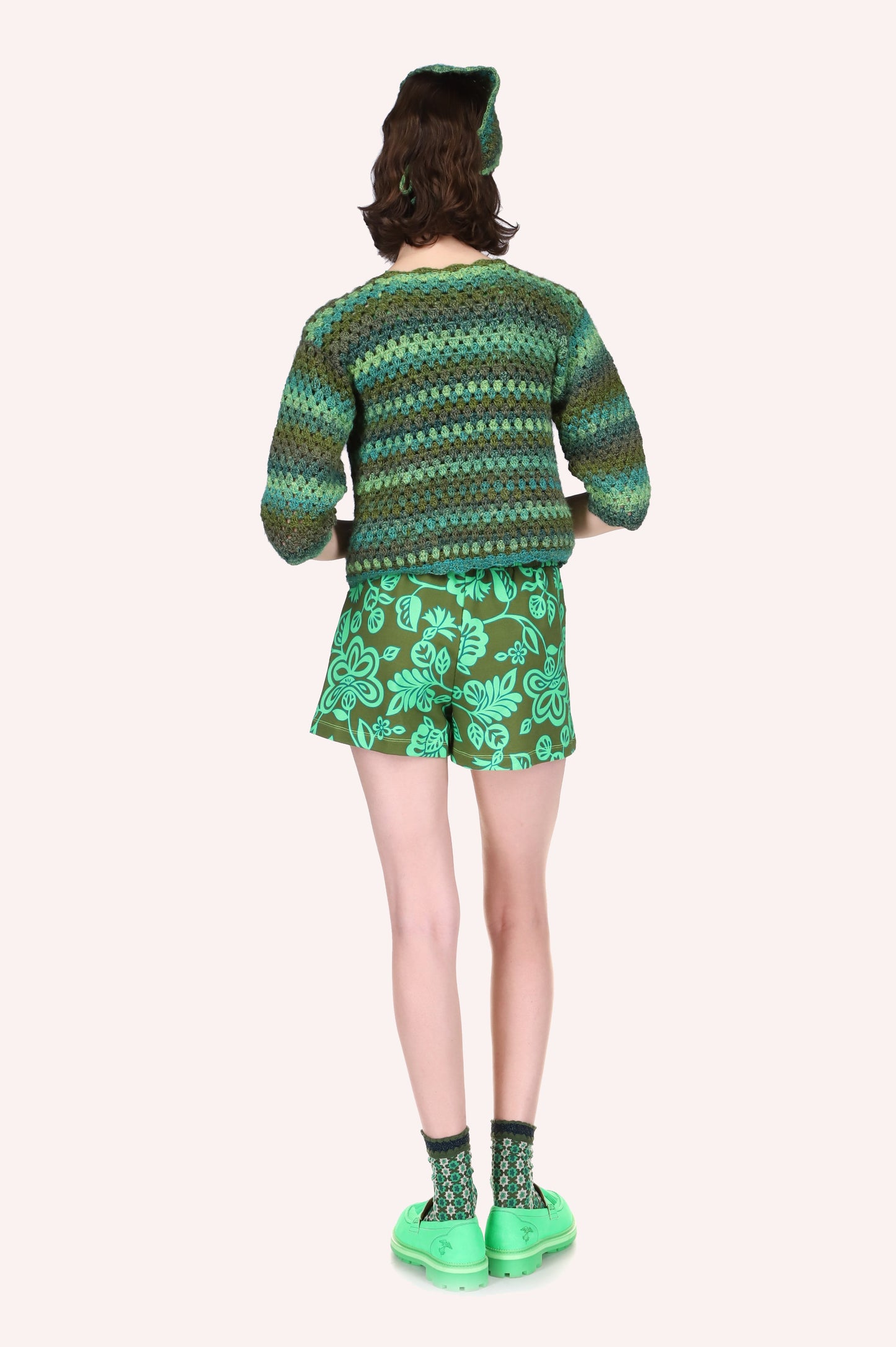 Ombre Hand Crochet Cardigan Green back is showing the different shades of green stripe