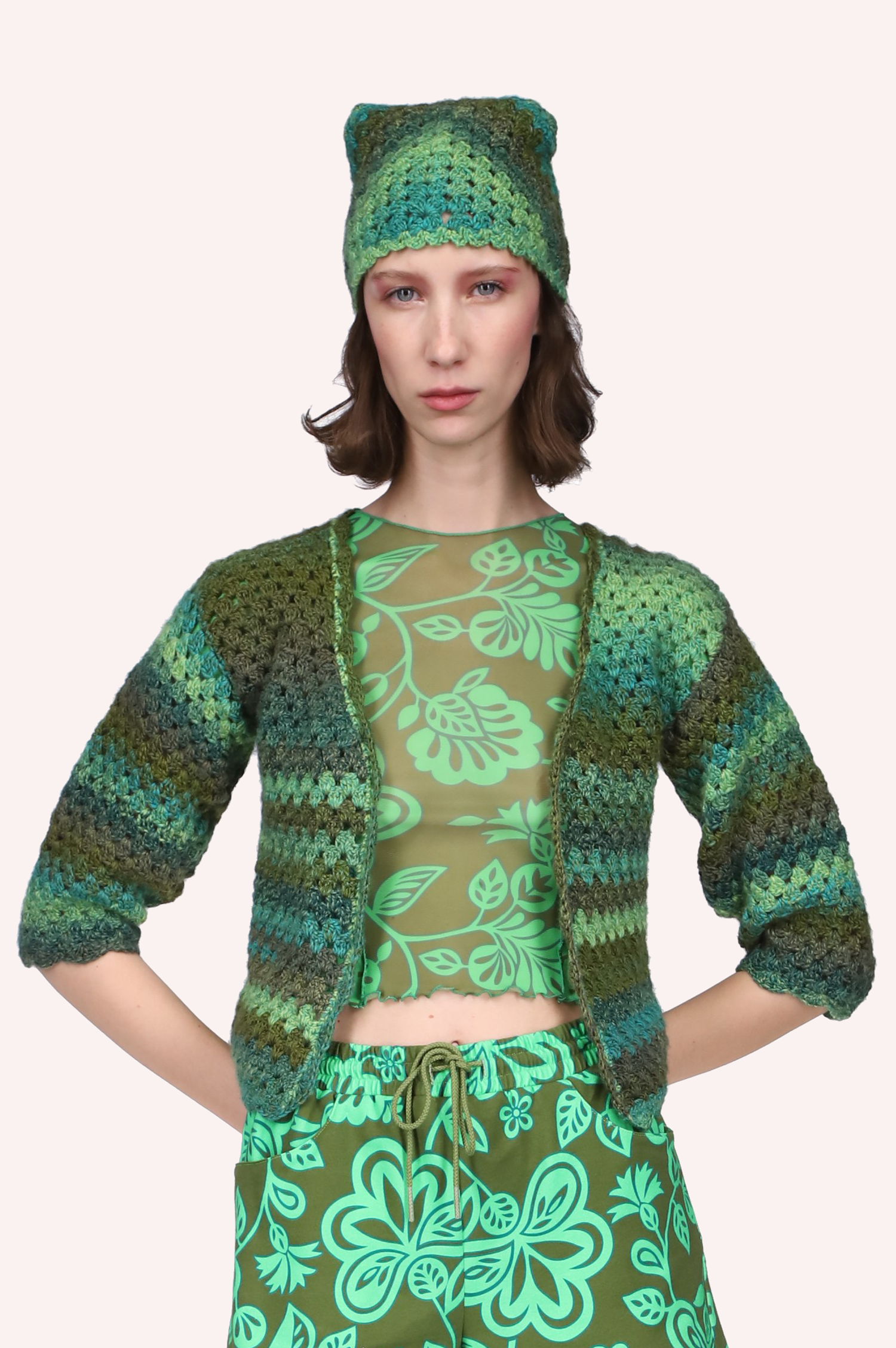 Ombre Hand Crochet Cardigan by Konry K Jungle Green, military like, elbow long sleeves