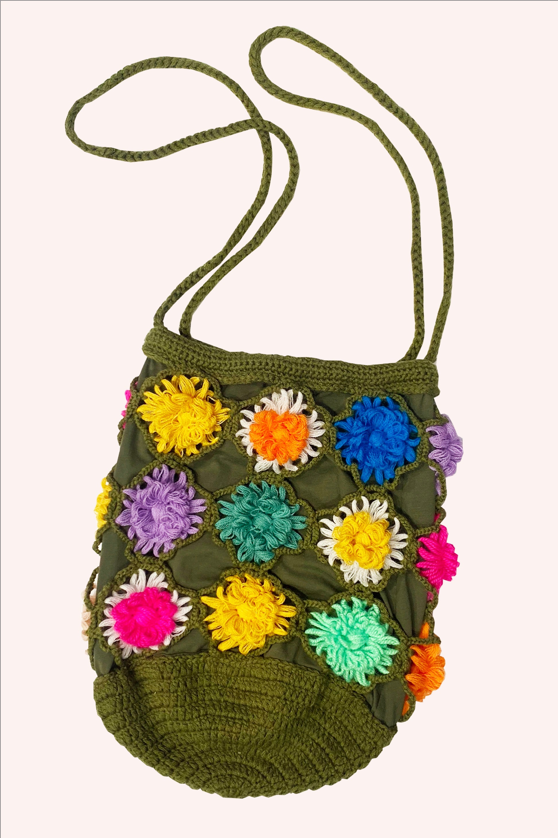 Rainbow 3D Floral Hand Crochet Bag, multicolored flowers in 3D, military green, and top with 2-straps 