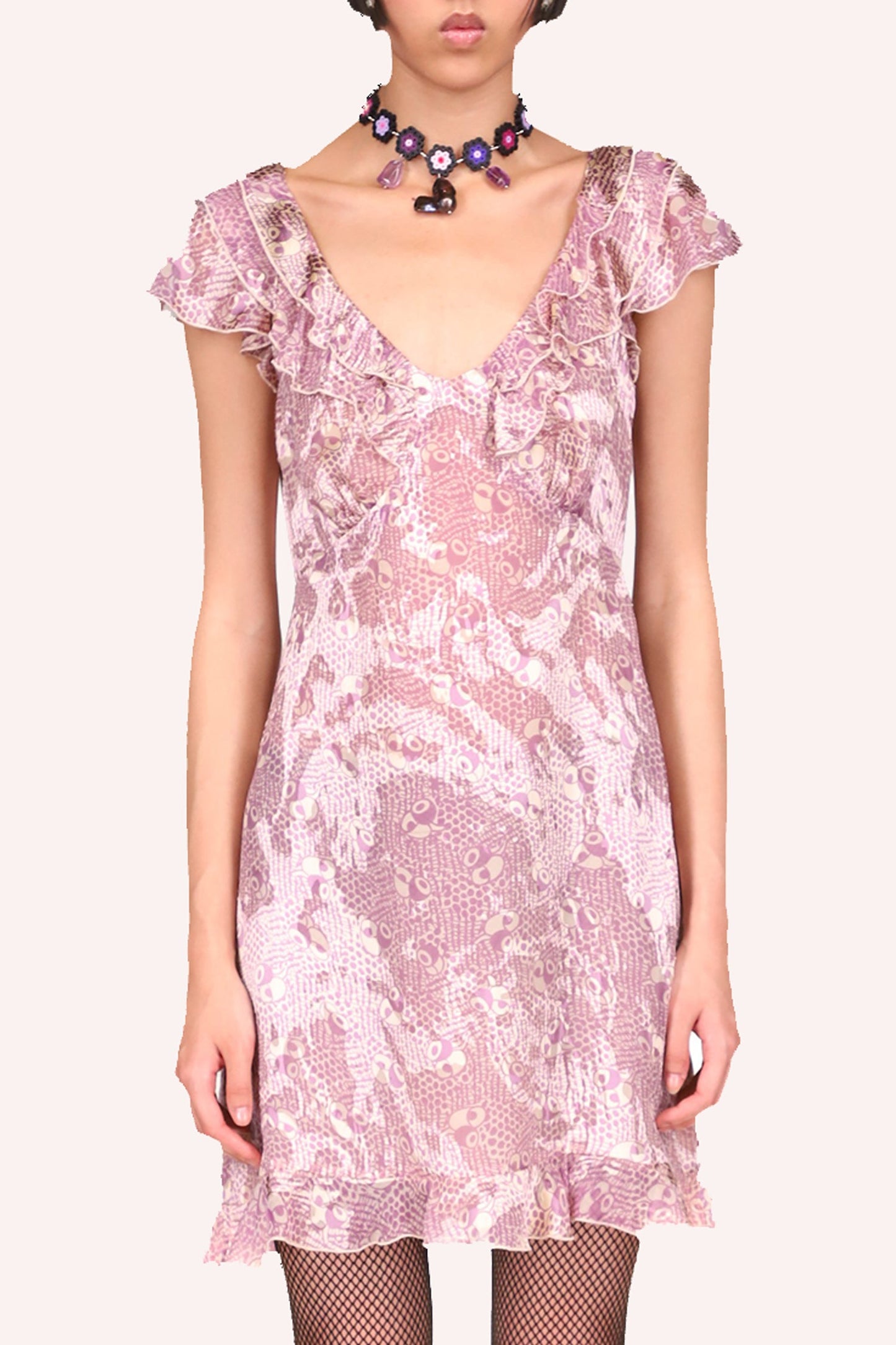 Front Floating Tulips Dress Mauve, with splash of light mauve, ribbon around the collar cut