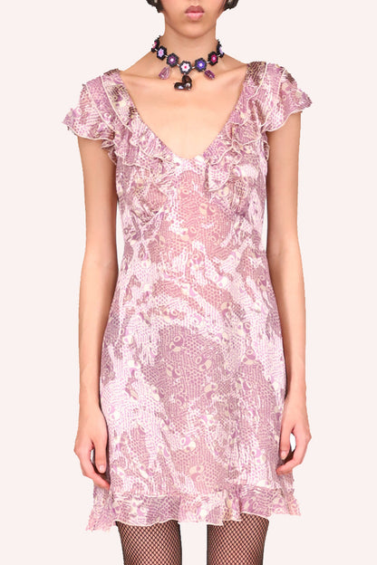 Front Floating Tulips Dress Mauve, with splash of light mauve, ribbon around the collar cut