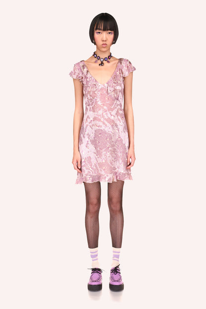 Floating Tulips Dress Mauve, mid-tight, short sleeves over shoulders, deep v-cut collar neck line